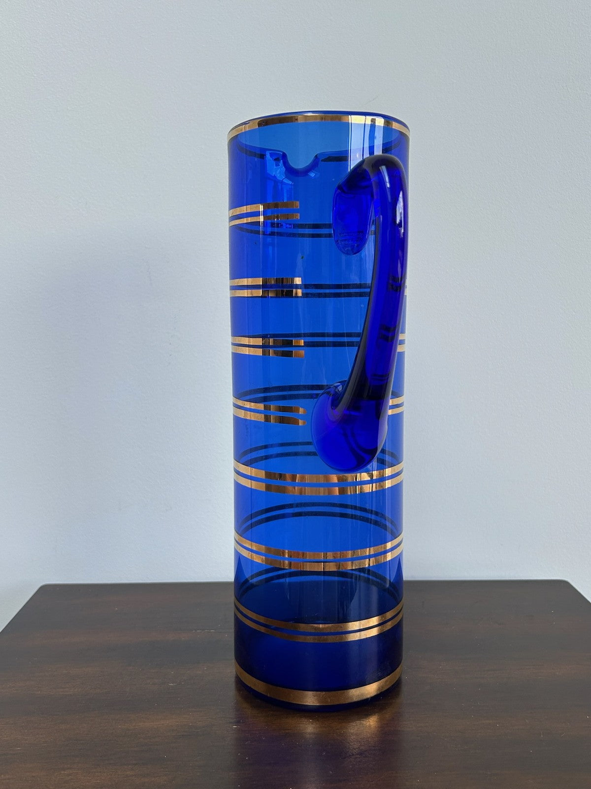 Bohemian Hand Blown Cobalt Blue Glass Jug Gilt Bands5