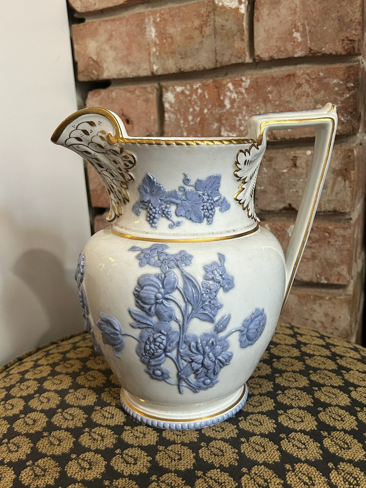 Antique Relief Moulded Jug Blue Sprigged Flowers Grapes Gilt Rim Victorian3