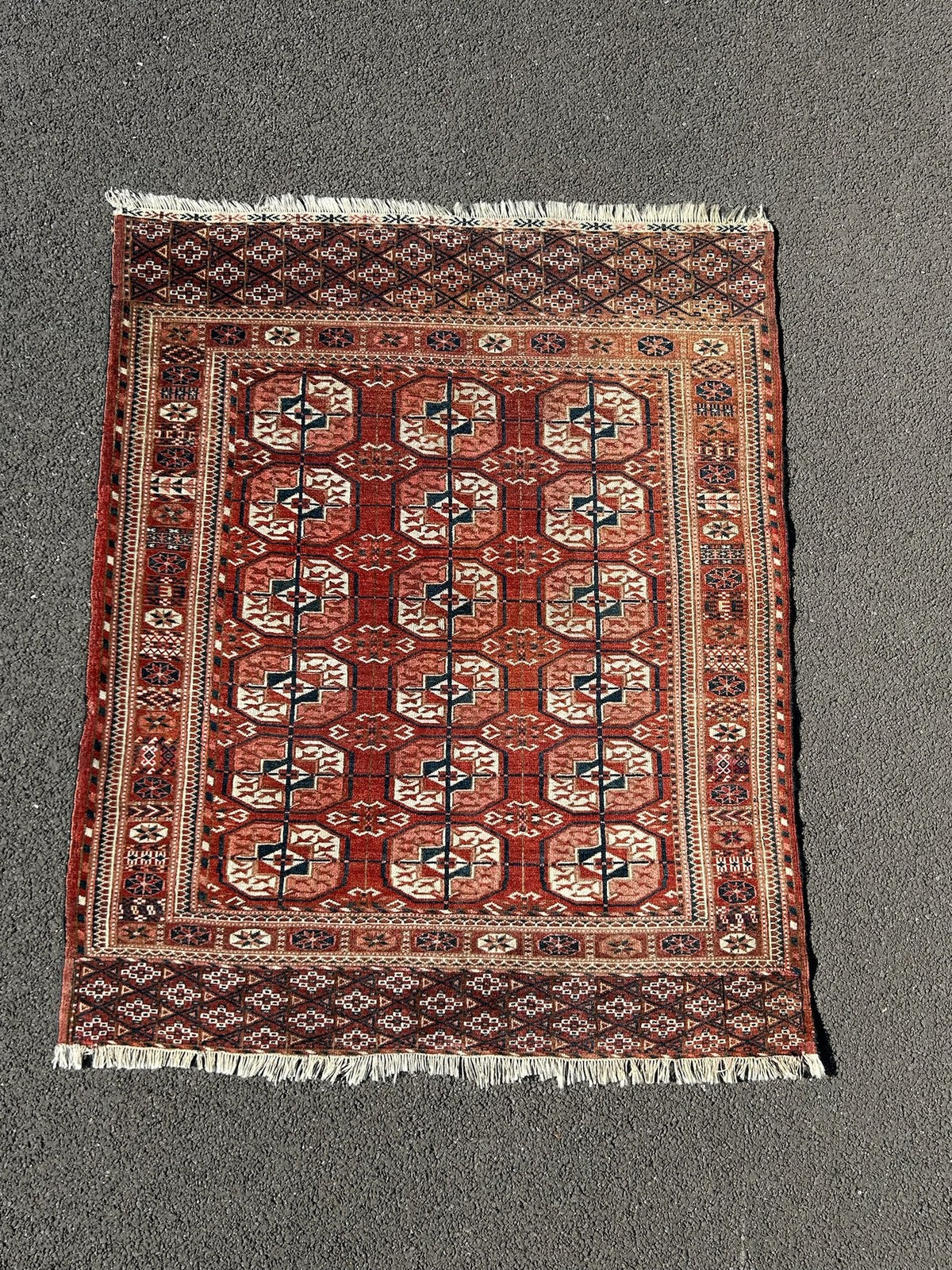 Antique Tekke Turkmen Rug Hand Knotted Wool Bokhara Gul Early 20thC 110x130cm1