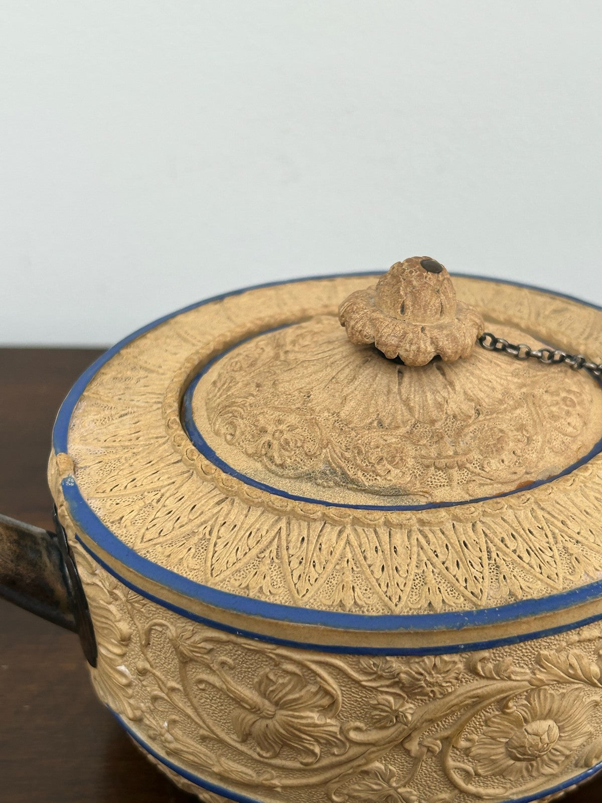 Antique Caneware Teapot Regency c1815 Relief Blue Line Silver Spout Stoneware5