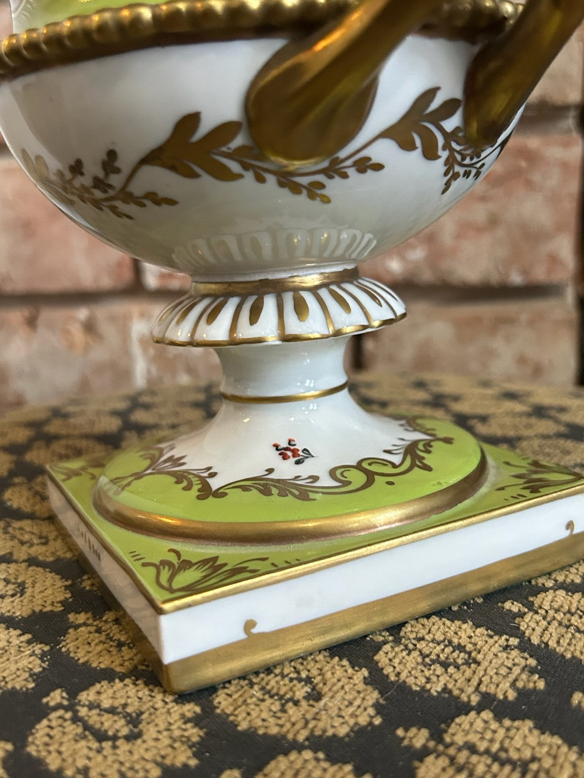 Dresden Porcelain Twin Handled Campana Urn Green Gilt Floral Reserves Plinth17