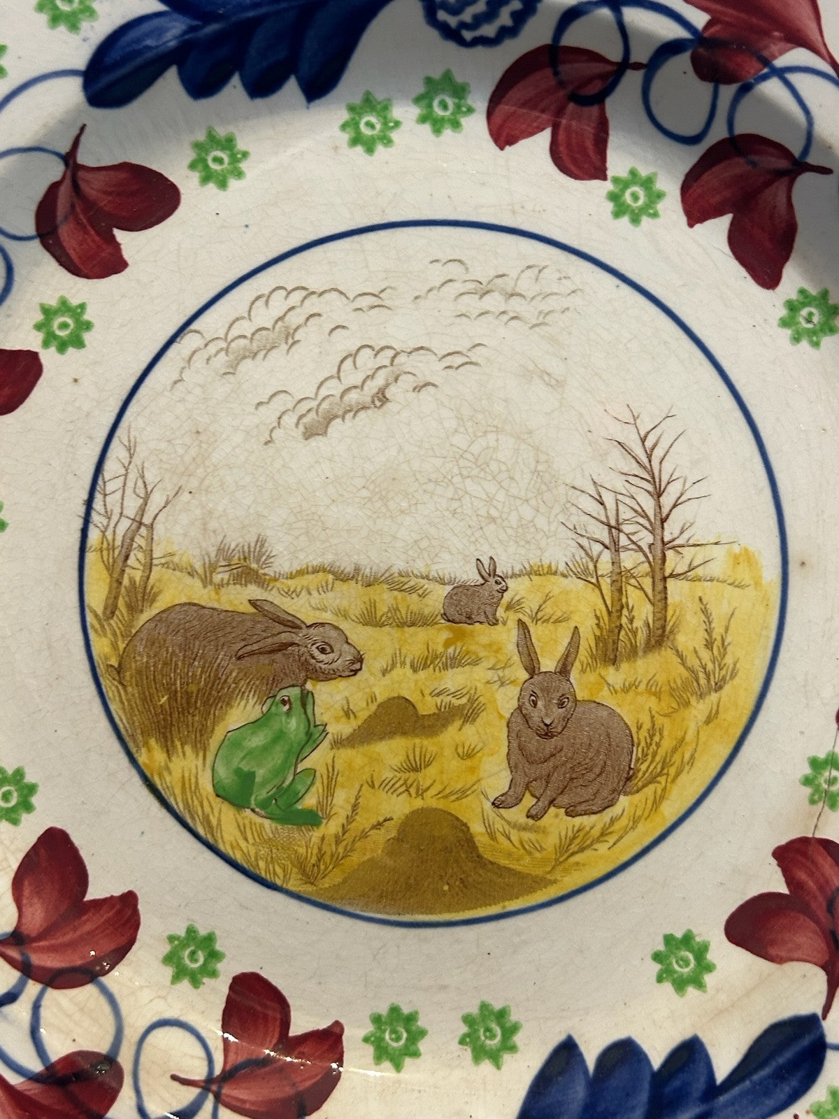 Antique Pottery Plate Rabbits and Frog Spongeware Border 22cm2