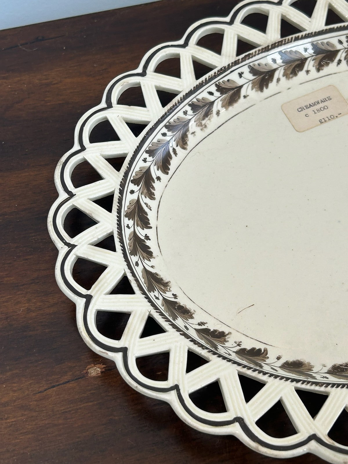 Antique Creamware Oval Dish Pierced Lattice Rim Painted Leaf Border c1800 30cm1