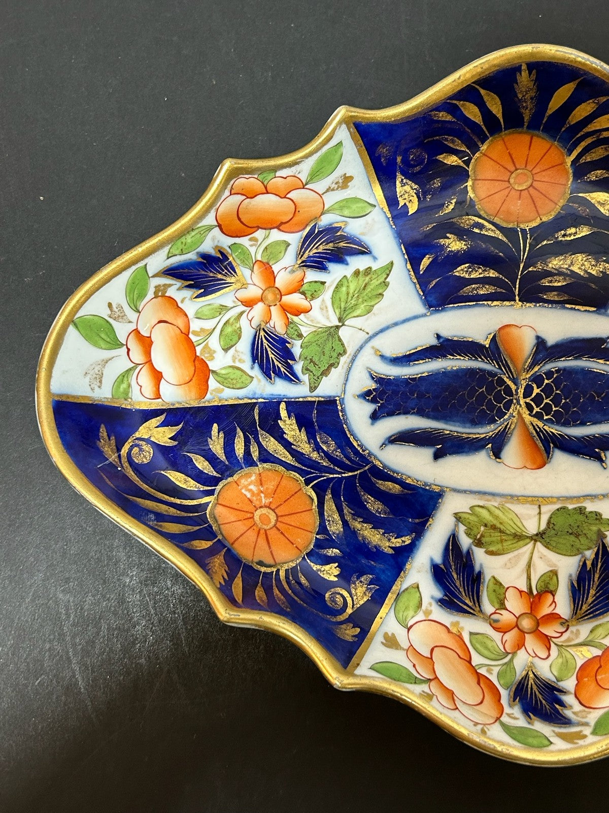 Antique English Porcelain Imari Lozenge Dish Old Japan Pattern Cobalt Gilt 26cm1