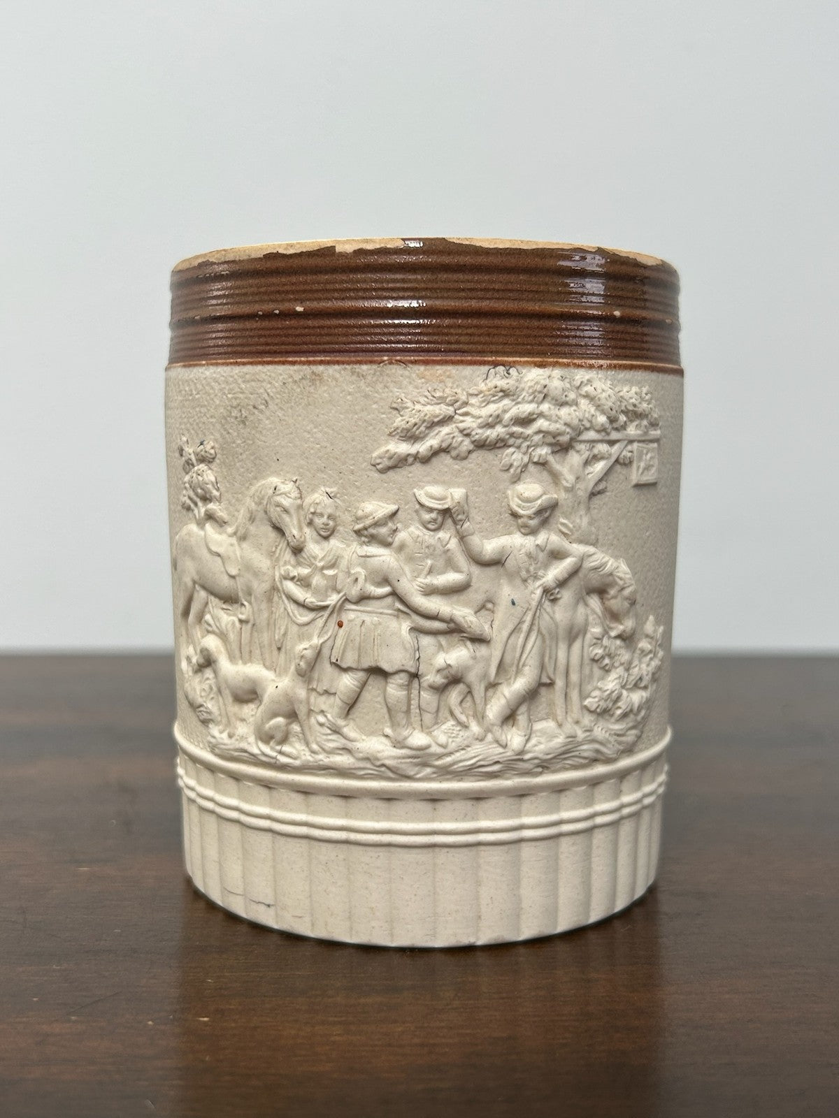 Antique Turner Stoneware Mug Hunting Relief Brown Rim Georgian c1810 Drab1