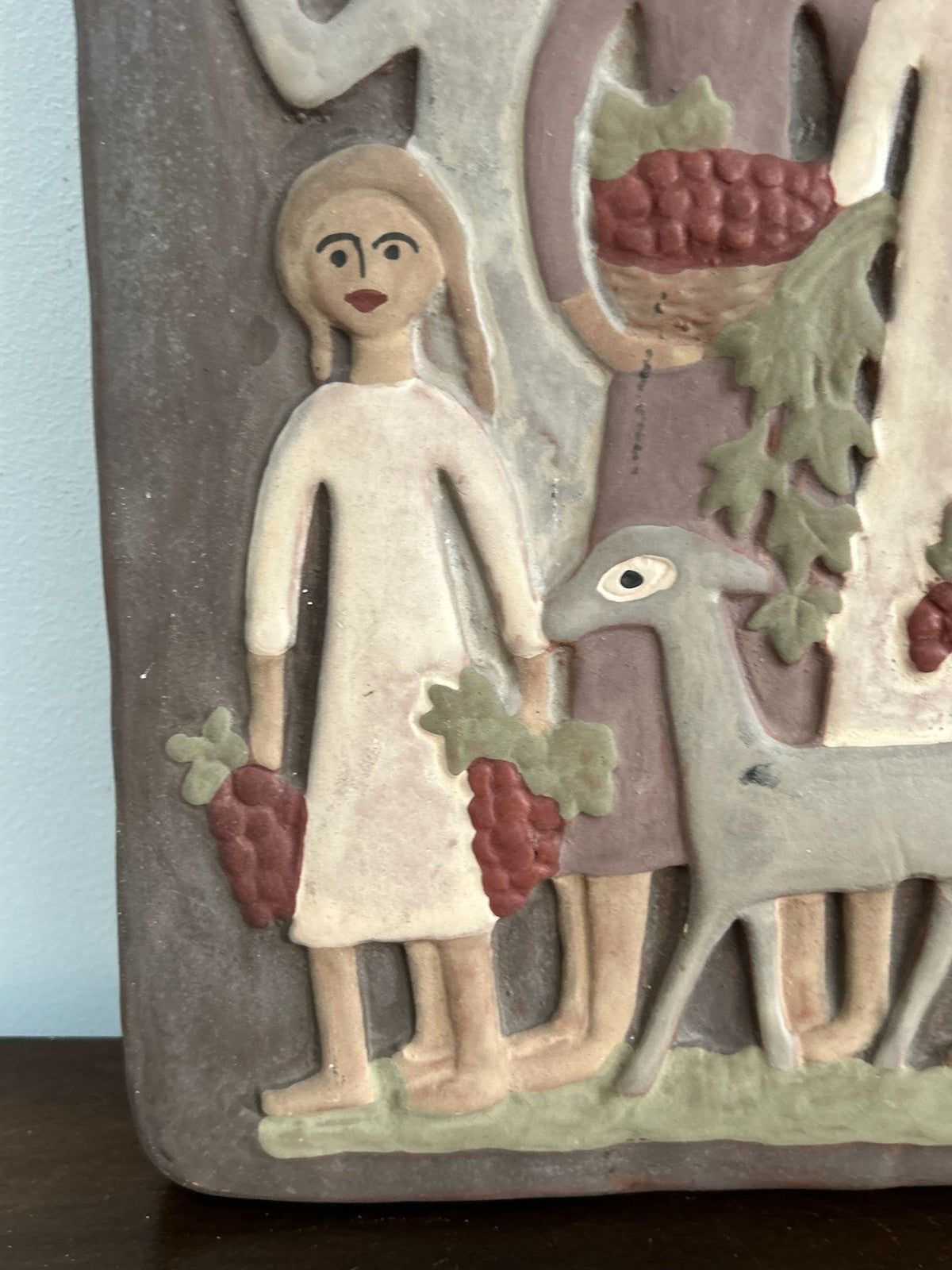 Mid Century Studio Pottery Wall Plaque Figures & Deer Scandinavian3