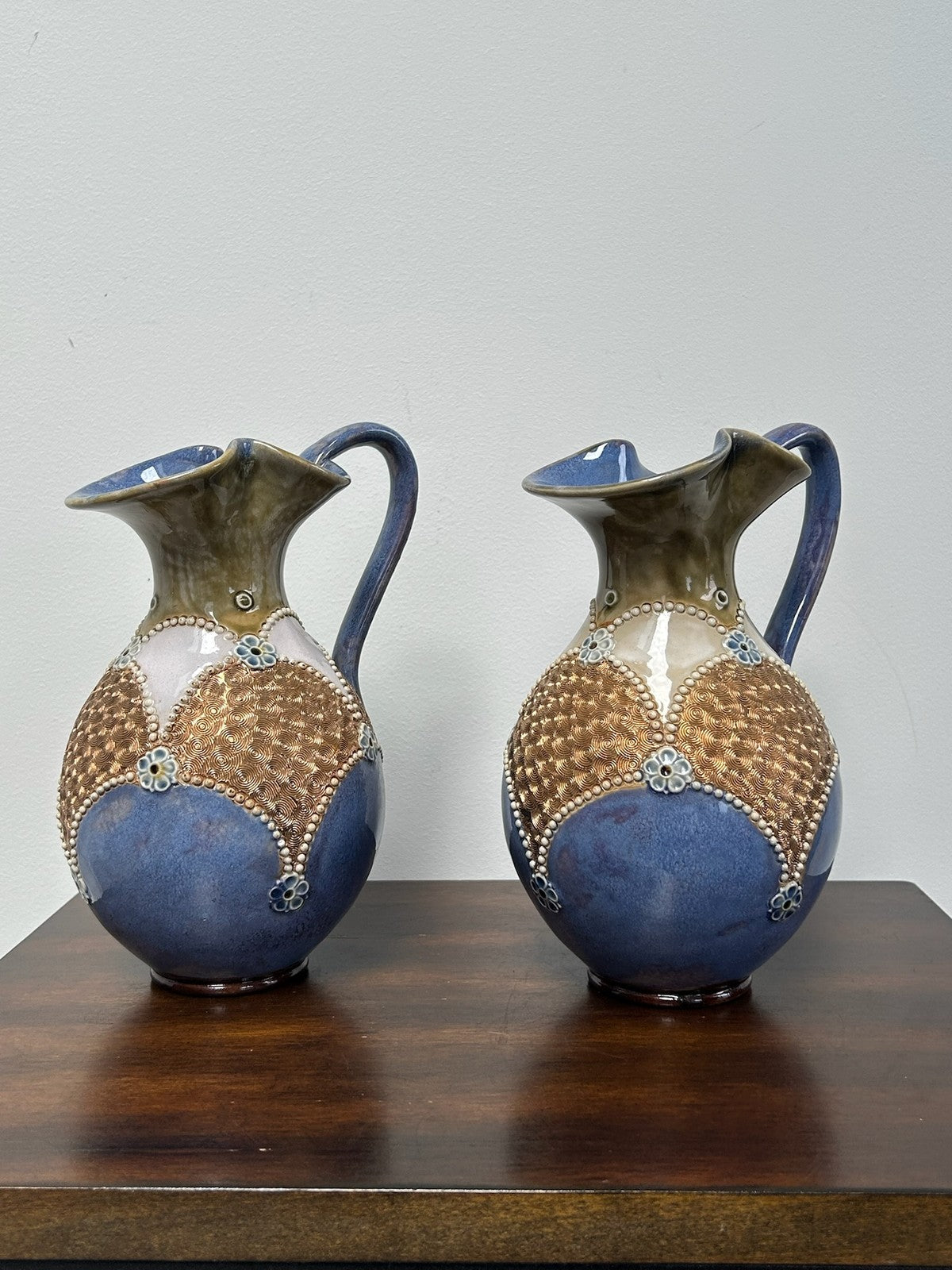 Pair Royal Doulton Stoneware Ewers Jugs Blue & Brown Beaded 22cm0