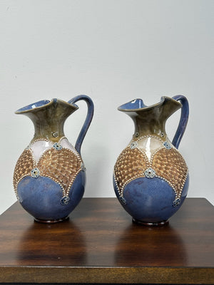 Pair Royal Doulton Stoneware Ewers Jugs Blue & Brown Beaded 22cm