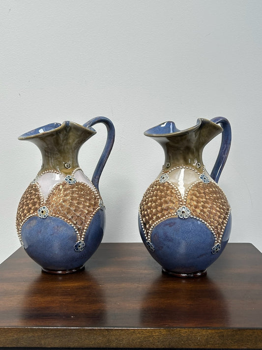 Pair Royal Doulton Stoneware Ewers Jugs Blue & Brown Beaded 22cm0