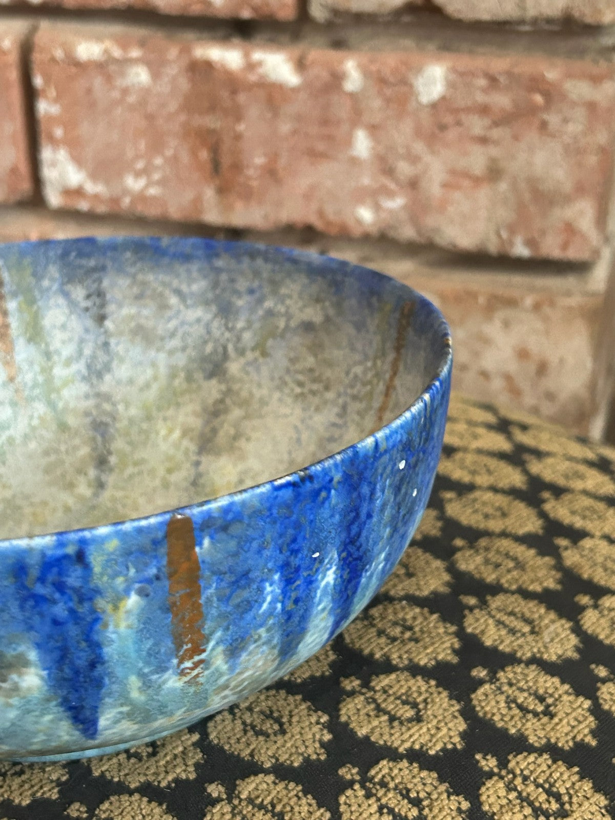 Vintage Studio Pottery Bowl Blue Drip Glaze Crackle Interior Art Pottery5