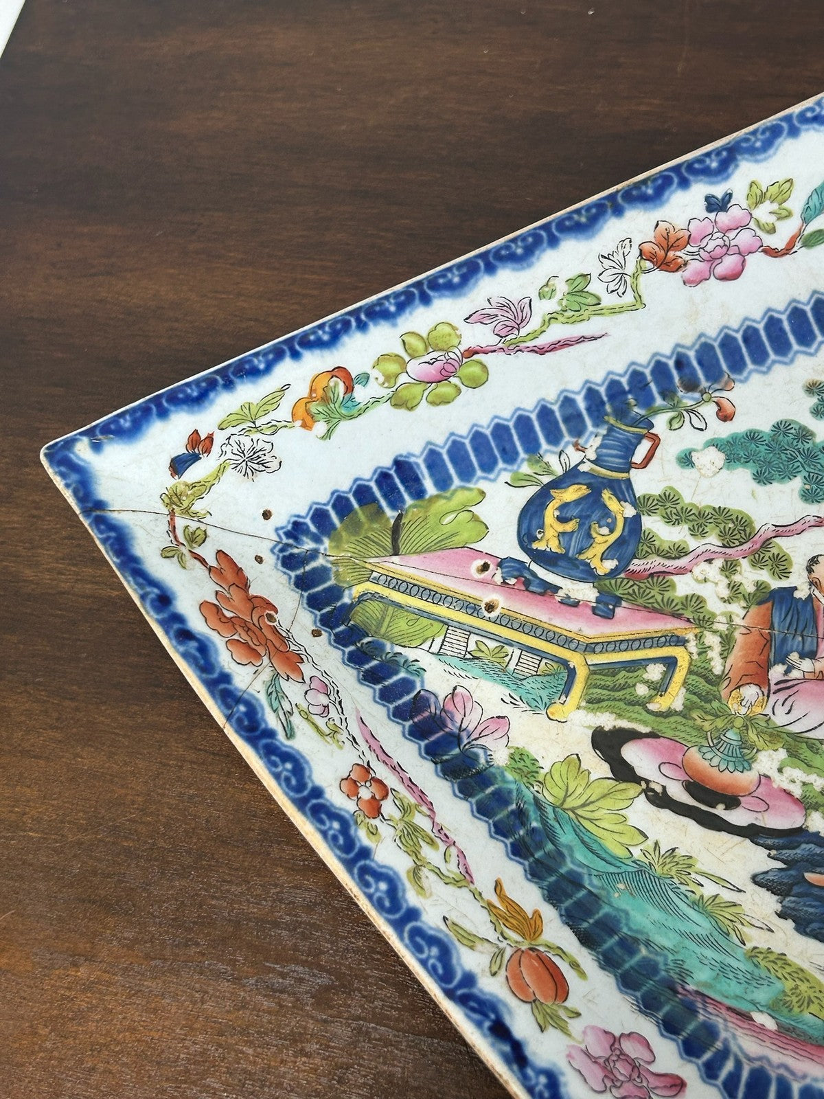 Antique Masons Style Ironstone Dish Chinoiserie Pagoda Blue Polychrome 19thC1