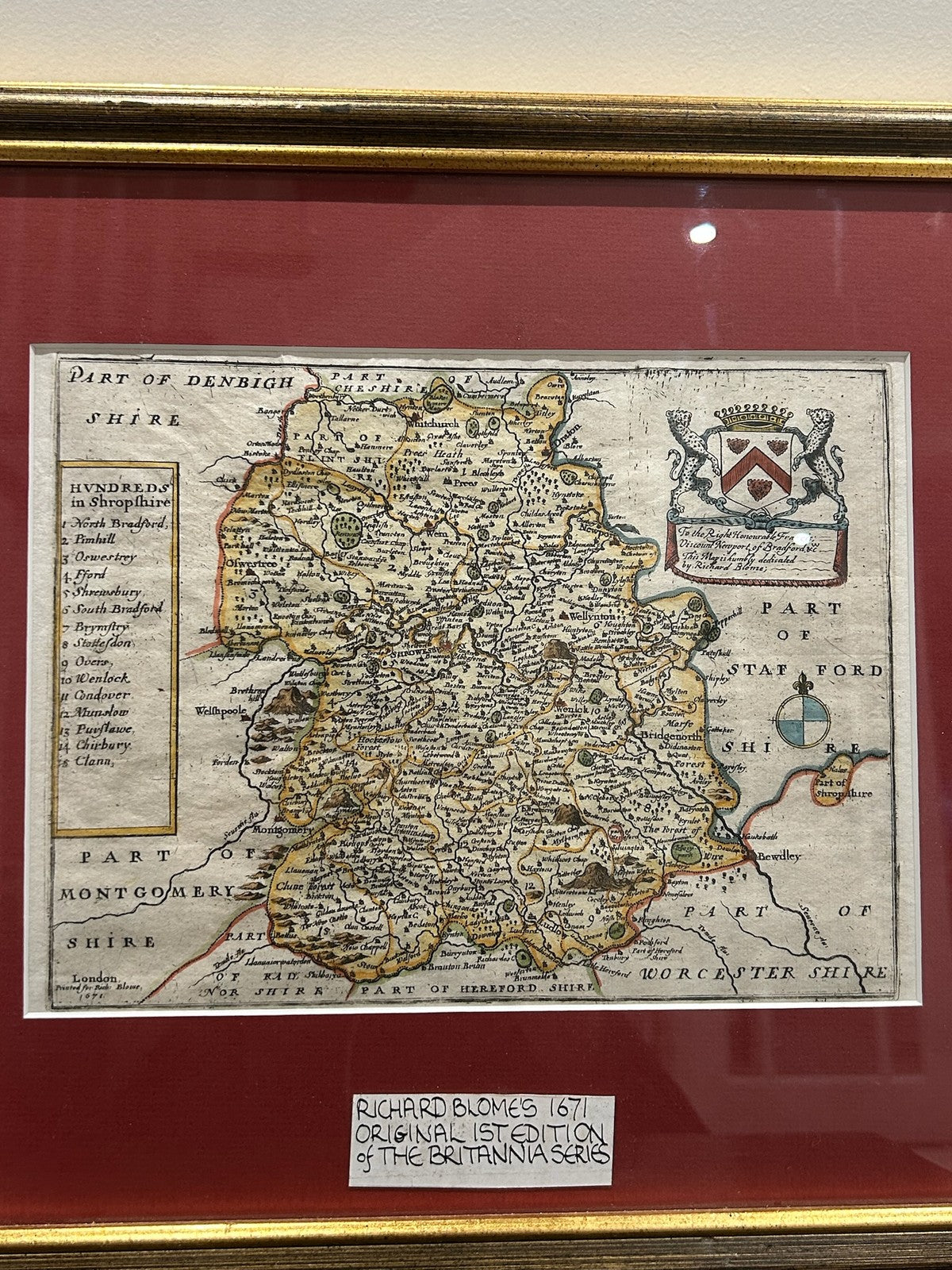 Antique Richard Blome Map of Shropshire Britannia 1673 Hand Coloured Framed1