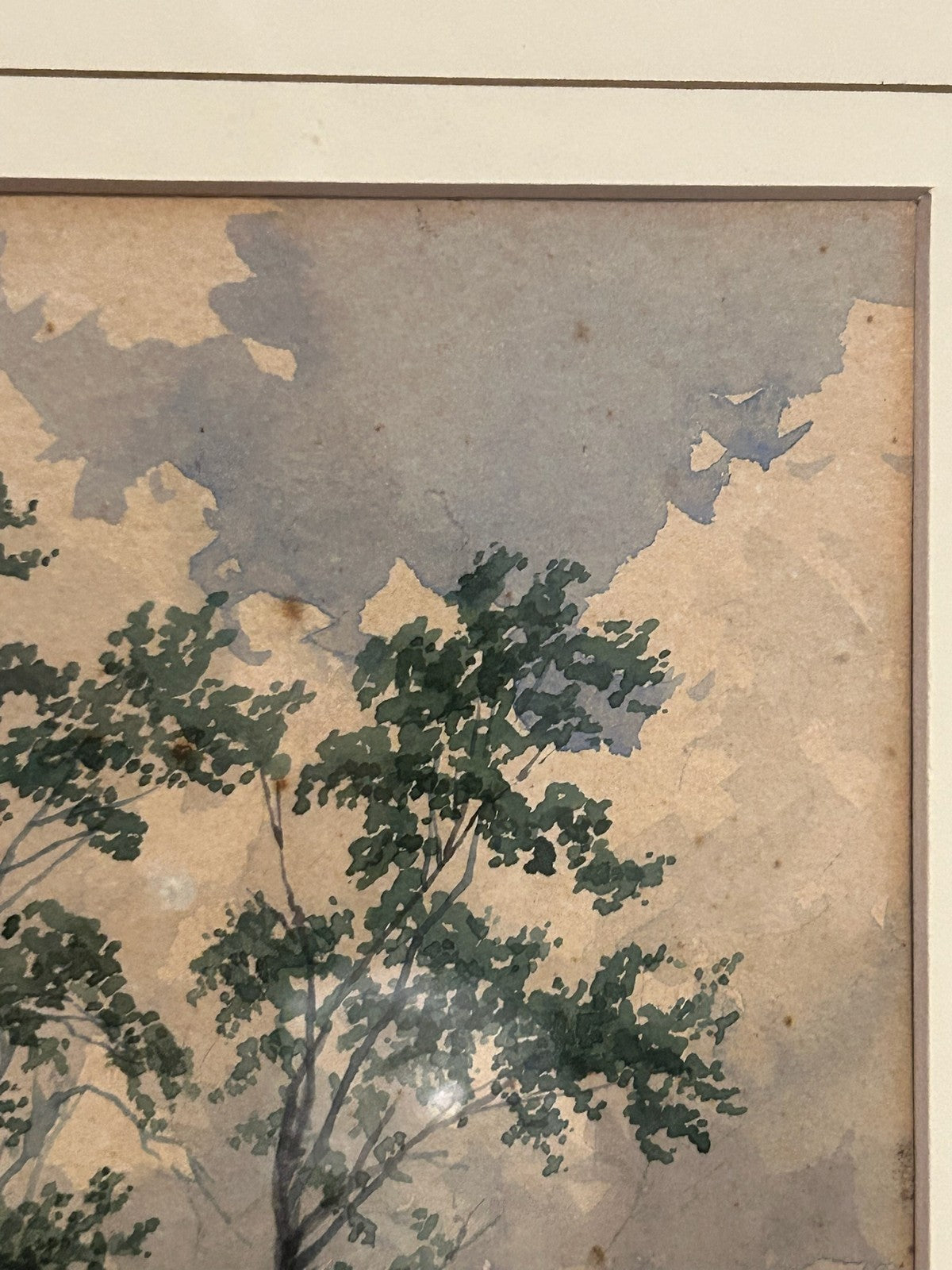 Antique Watercolour River Landscape Large Tree Figure on Bank Framed 43x50cm6
