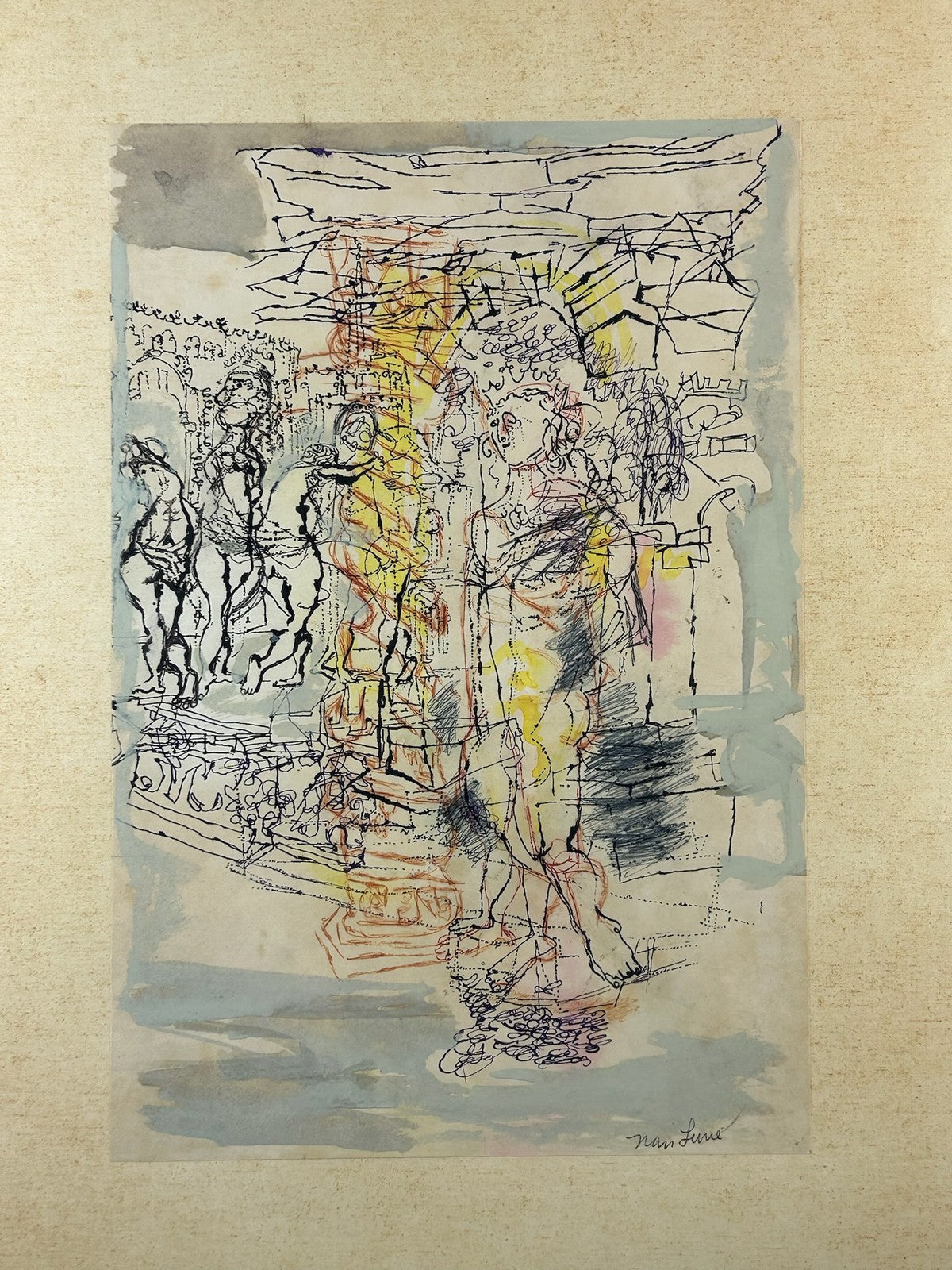 Nan Lurie Original Signed Mixed Media Abstract Figures Ink Wash WPA Artist1
