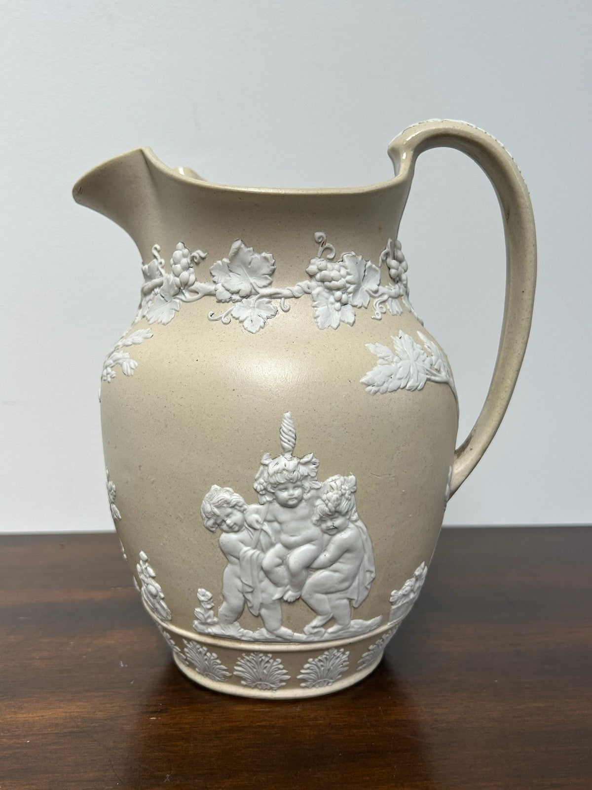 Antique Relief Moulded Stoneware Jug Wedgwood Style Buff White Sprigged c18302
