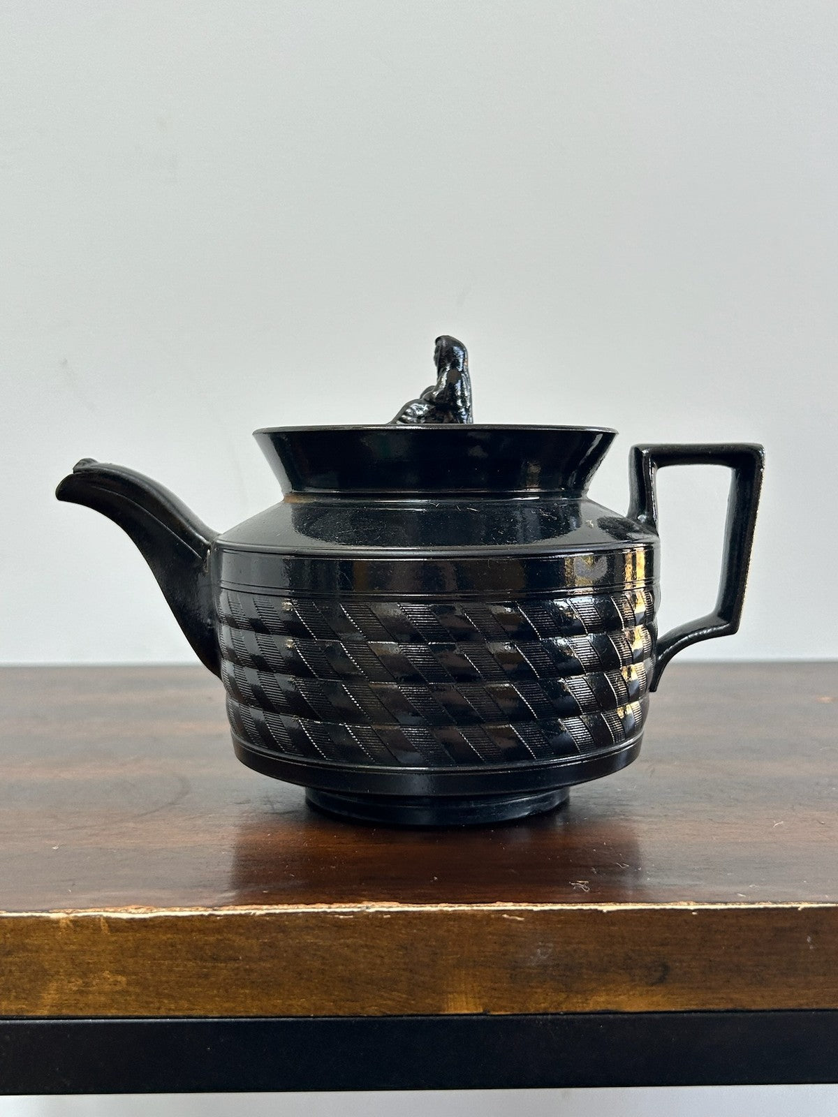 Antique Black Basalt Engine Turned Teapot Seated Widow Finial0