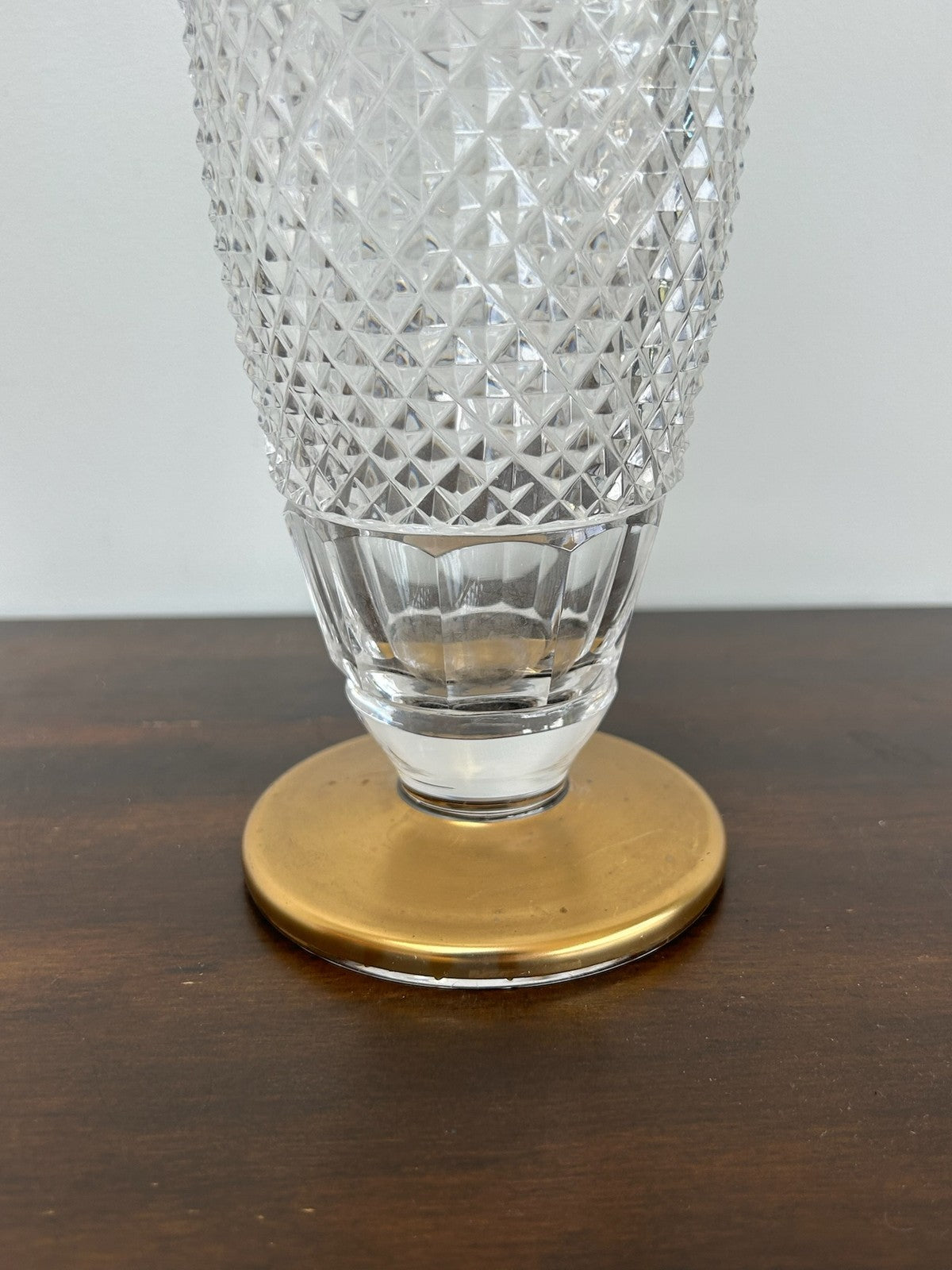 Bohemian Diamond Cut Crystal Vase Gilt Mounted Rim & Foot 25cm1