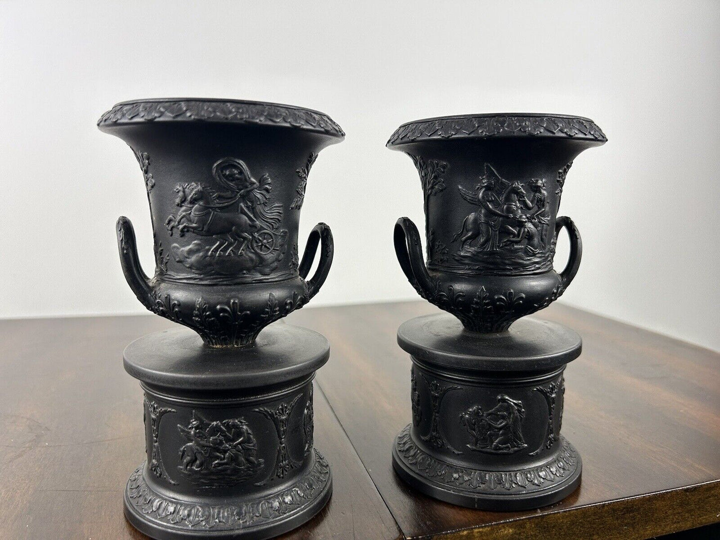 Pair Wedgwood Basalt Pedestal Urn Pair - 19th C Jasperware