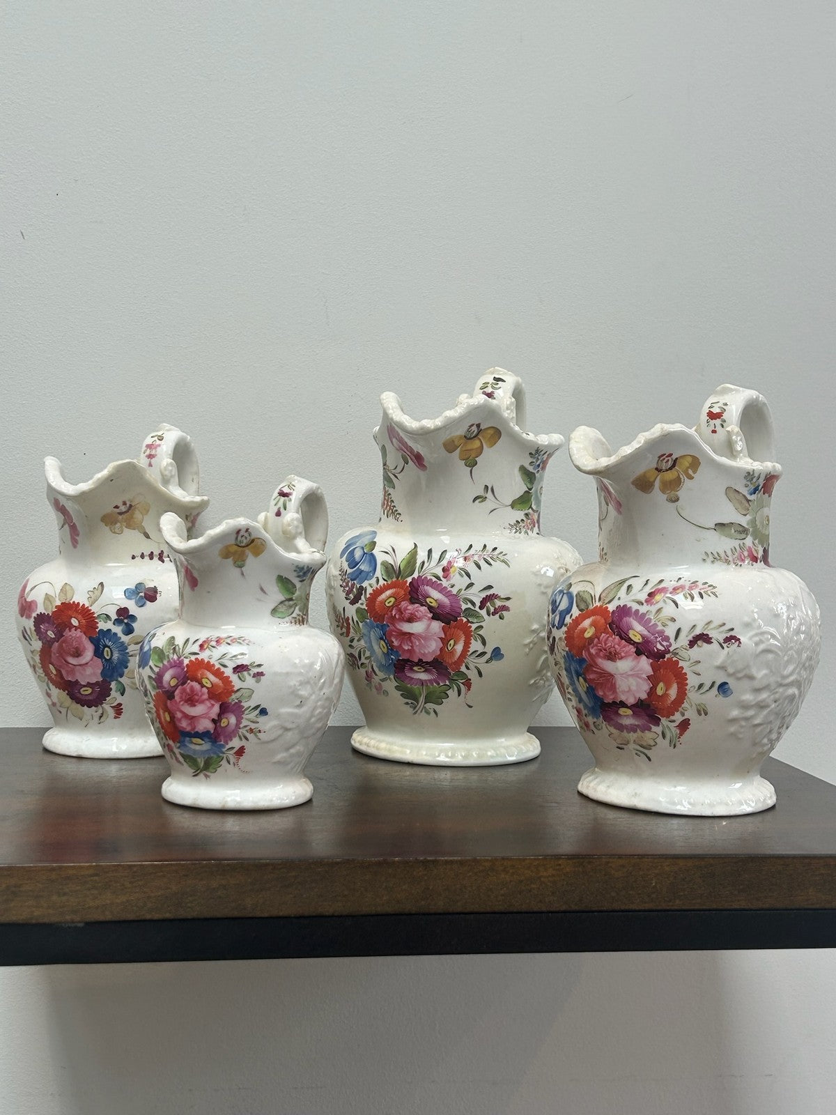 Set of Four Coalport Porcelain Water Jugs c1830 Hand Painted Floral0