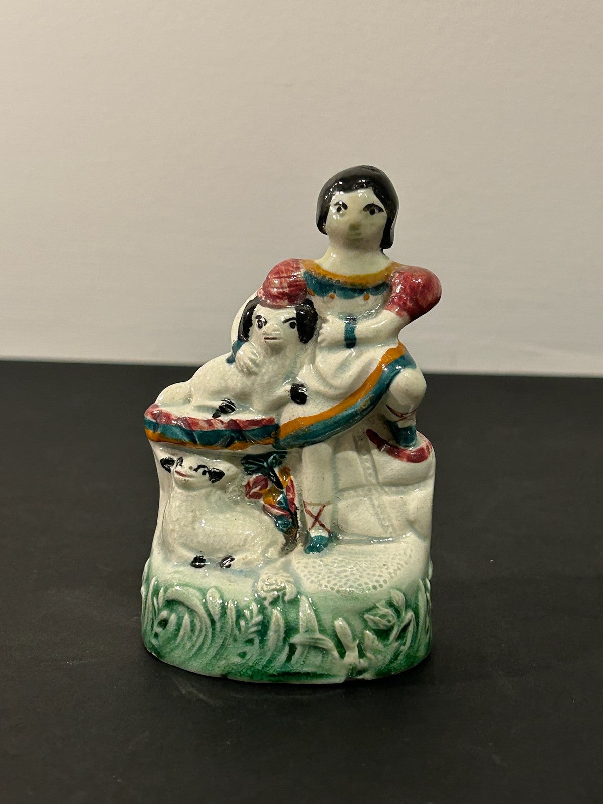 Antique Victorian Staffordshire Pottery Figure Girl with Dog and Lamb 10cm1
