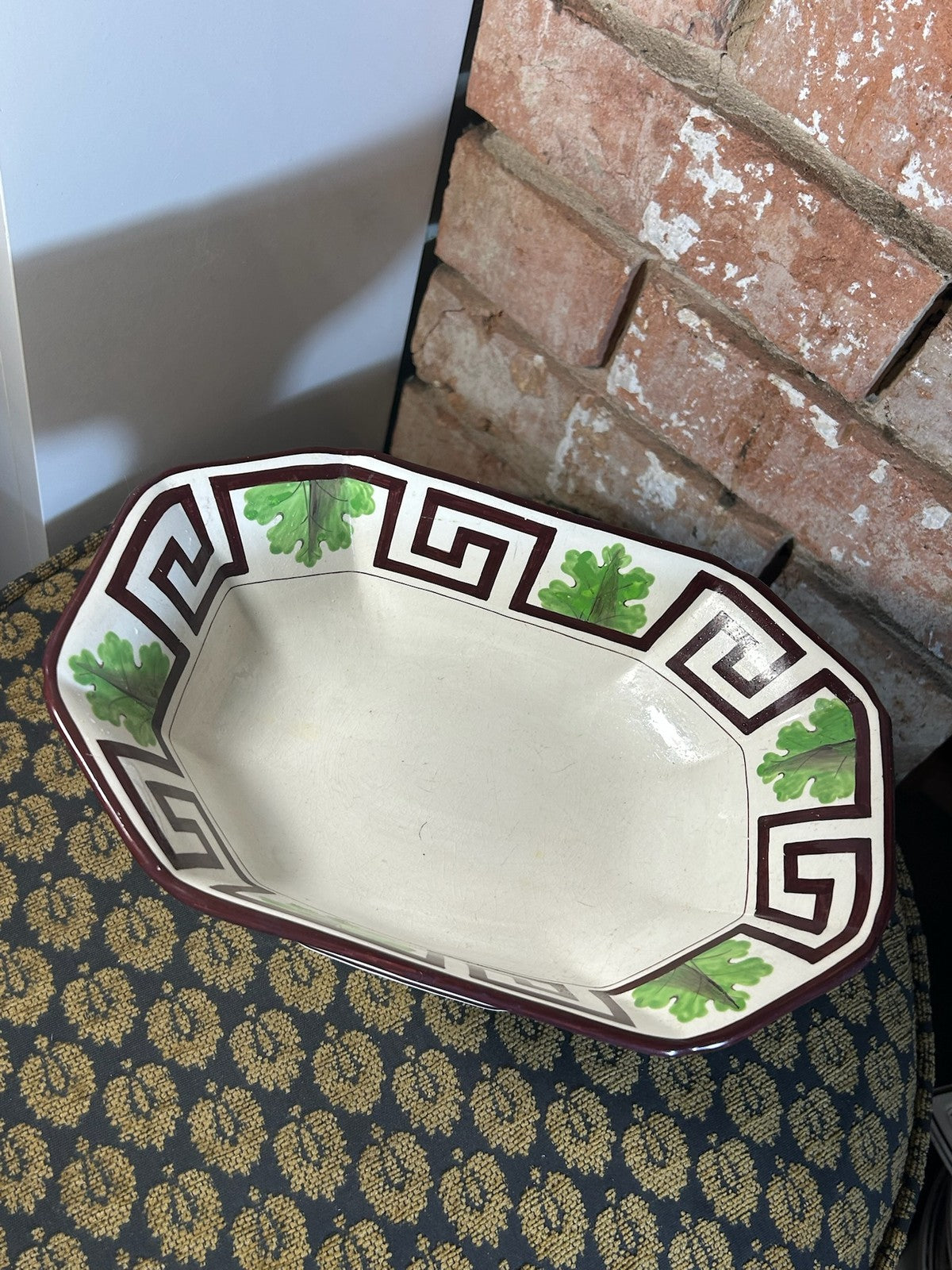 Antique Creamware Footed Dessert Dish Greek Key Green Leaves Octagonal c18104