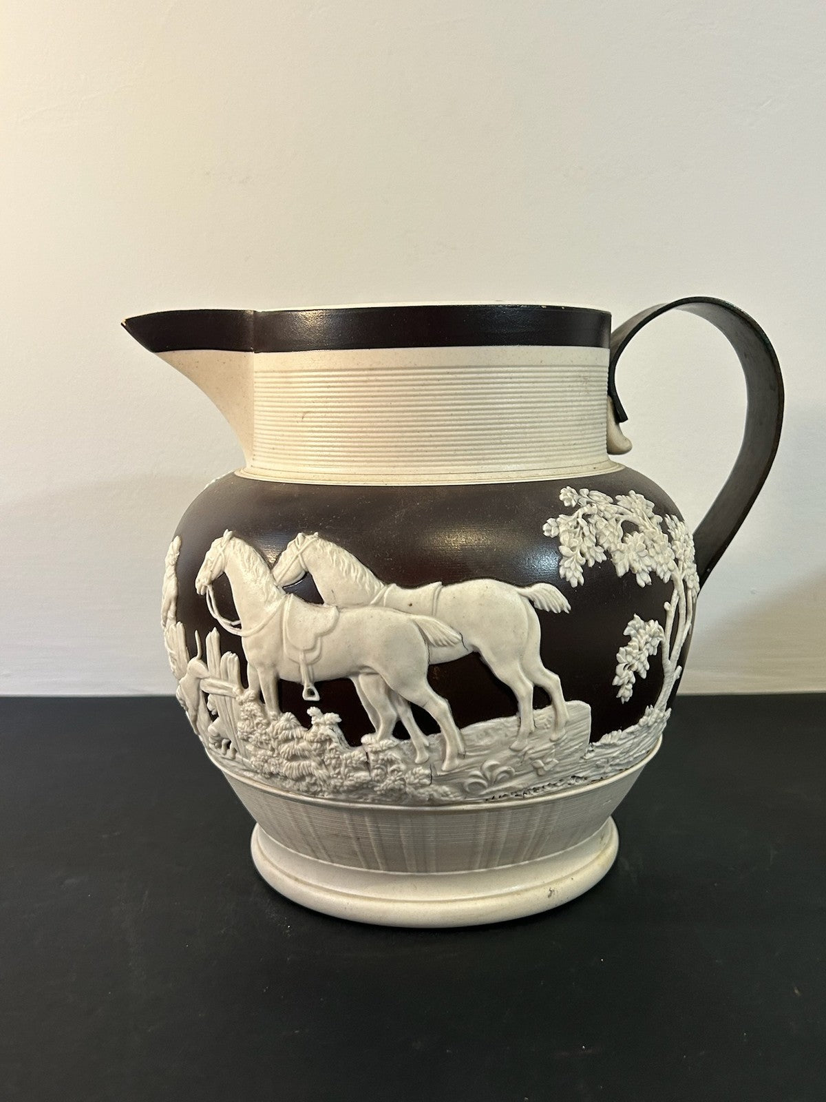 Antique Dipped Stoneware Jug White Sprigged Trees Figures Chocolate Ground5