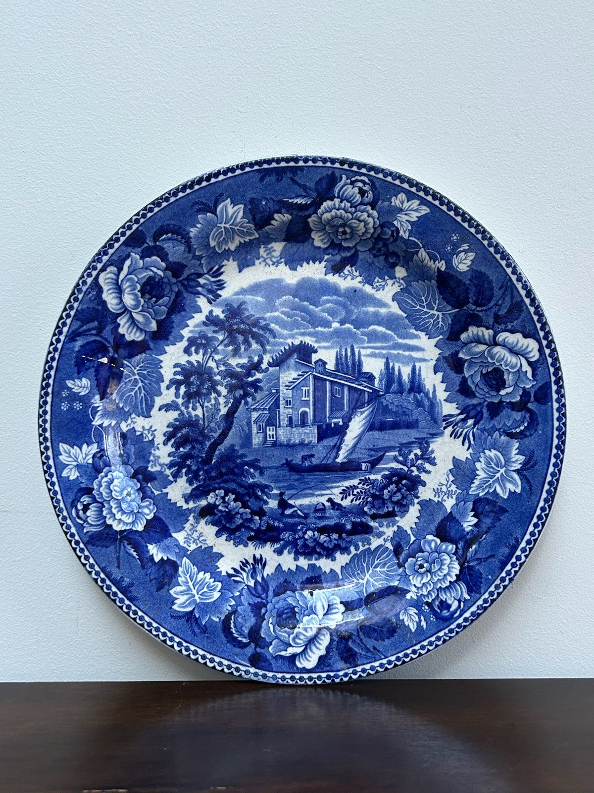 Antique Staffordshire Dark Blue Transferware Plate c1820 Castle Ruins Floral0