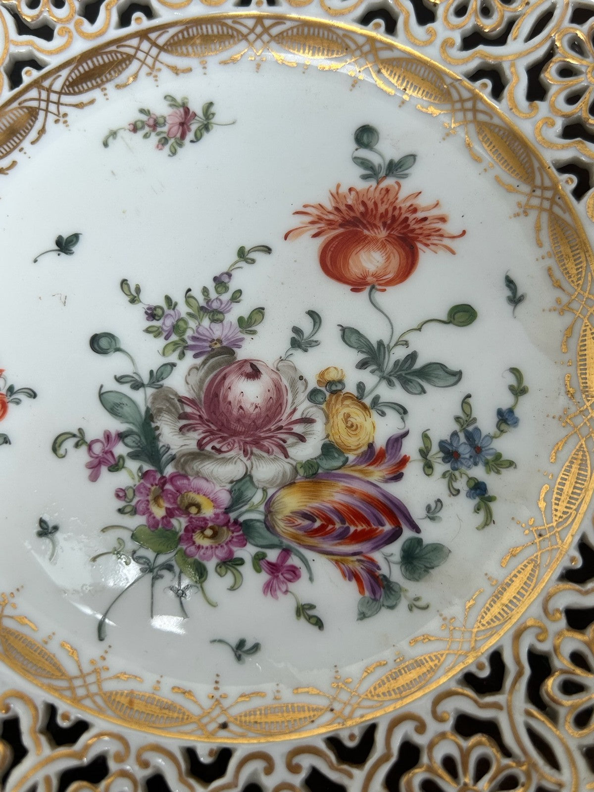 Antique Meissen Porcelain Reticulated Cabinet Plate Hand Painted Flowers Gilt2