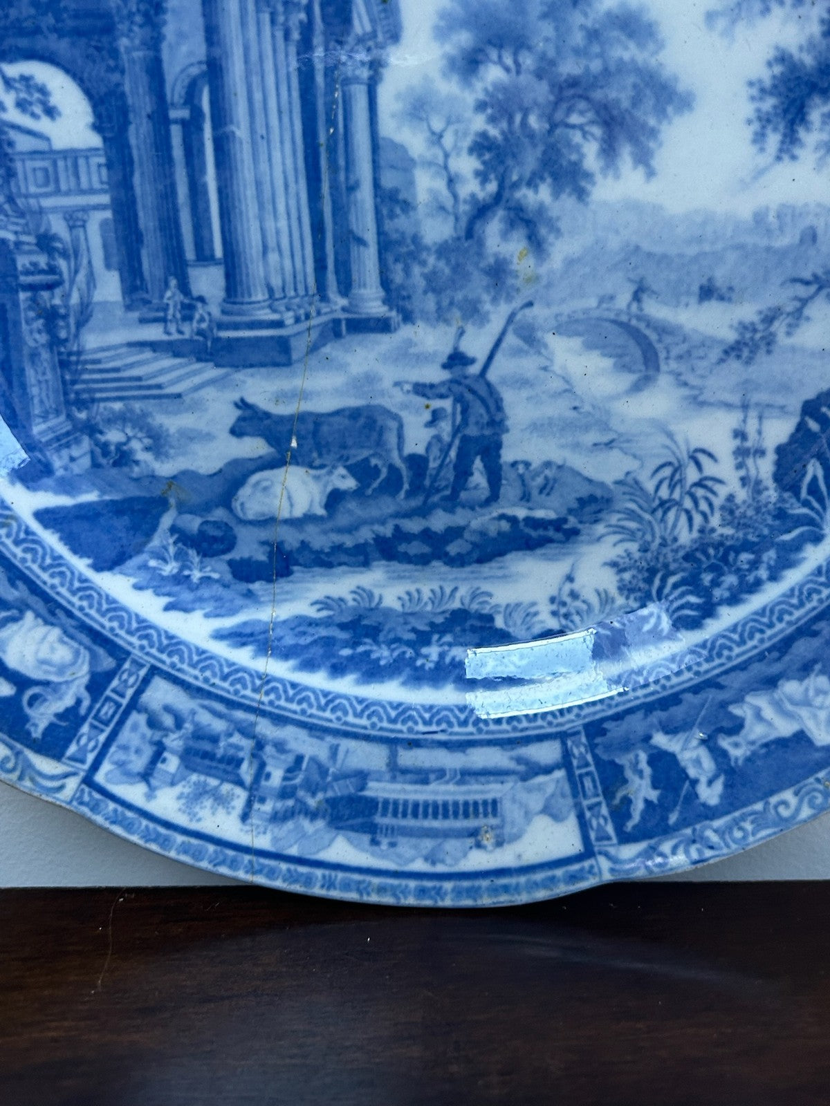 Antique Staffordshire Blue White Transferware Plate Ruins Landscape c18206