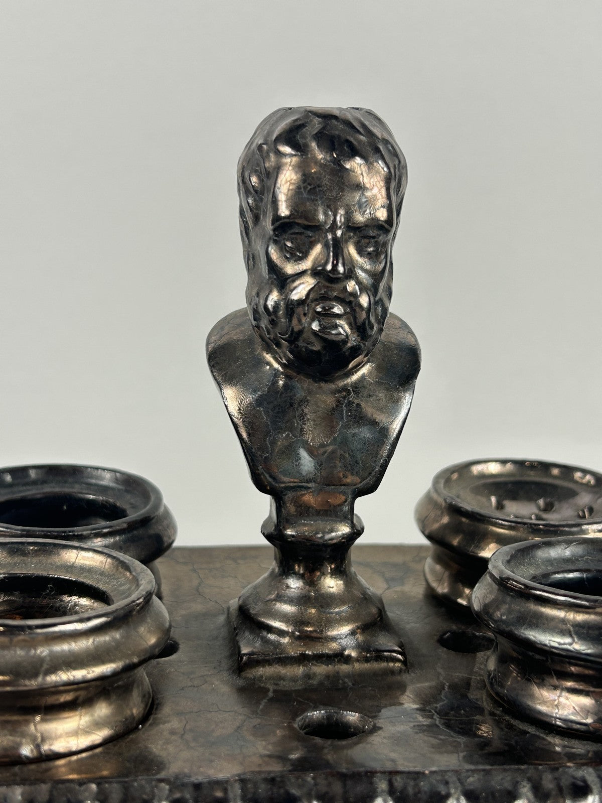 Early Staffordshire Silver Lustre Philosopher Inkstand with Four Pots