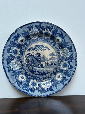 Antique Staffordshire Blue White Transferware Plate c1825 Floral Border Scene