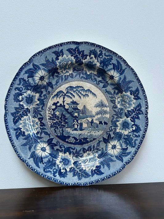 Antique Staffordshire Blue White Transferware Plate c1825 Floral Border Scene0
