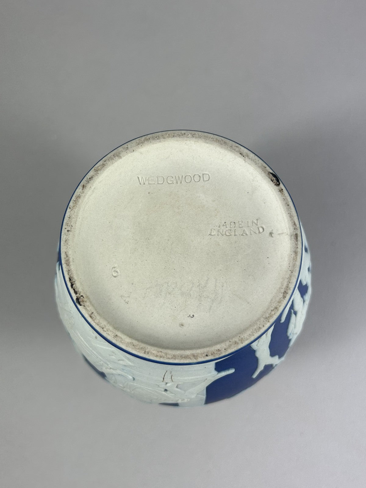 Wedgwood blue jasperware Portland Vase style miniature, 15cm