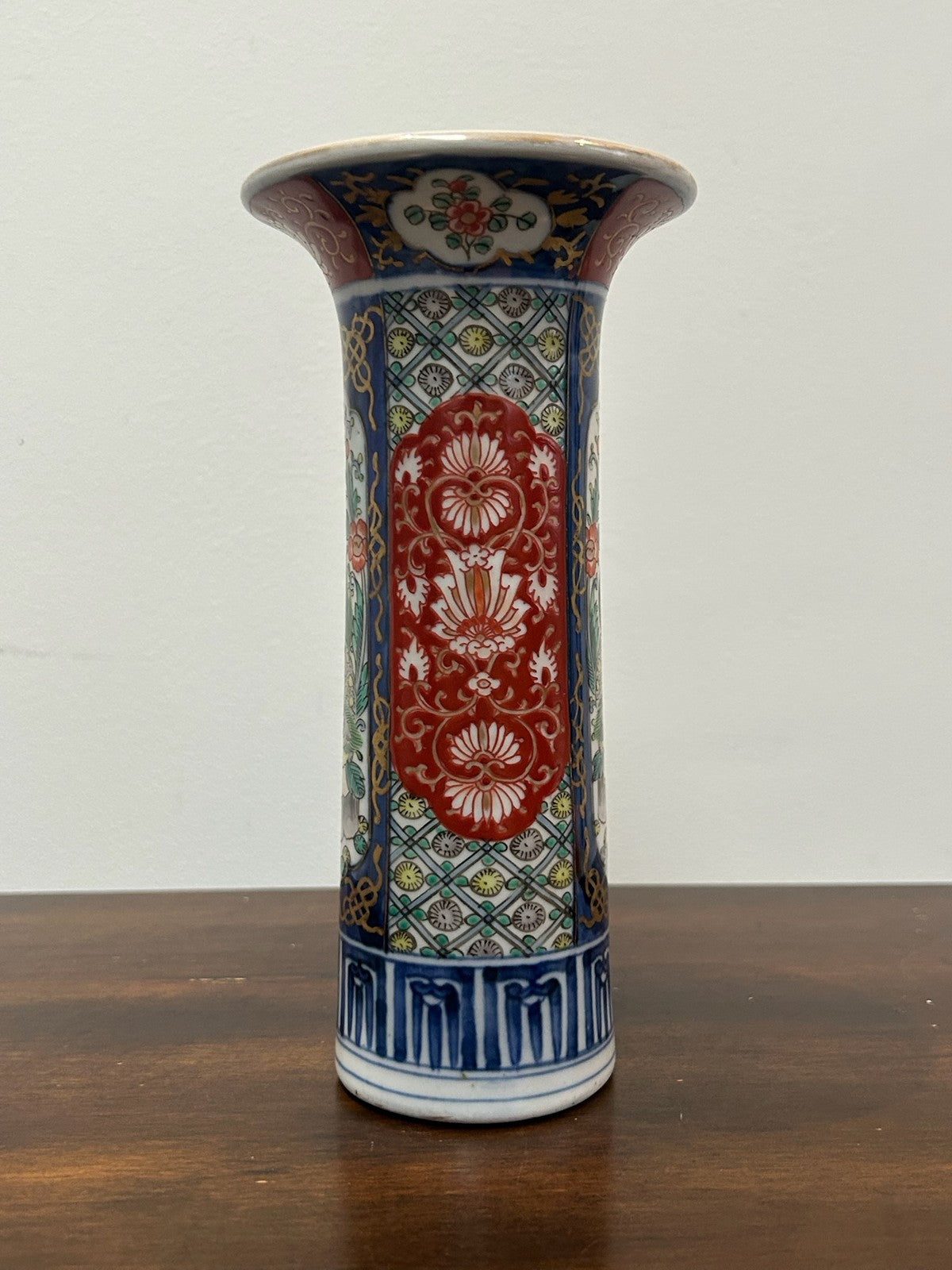 Antique Japanese Arita Imari Sleeve Vase Blue Iron Red Gilt Panels0