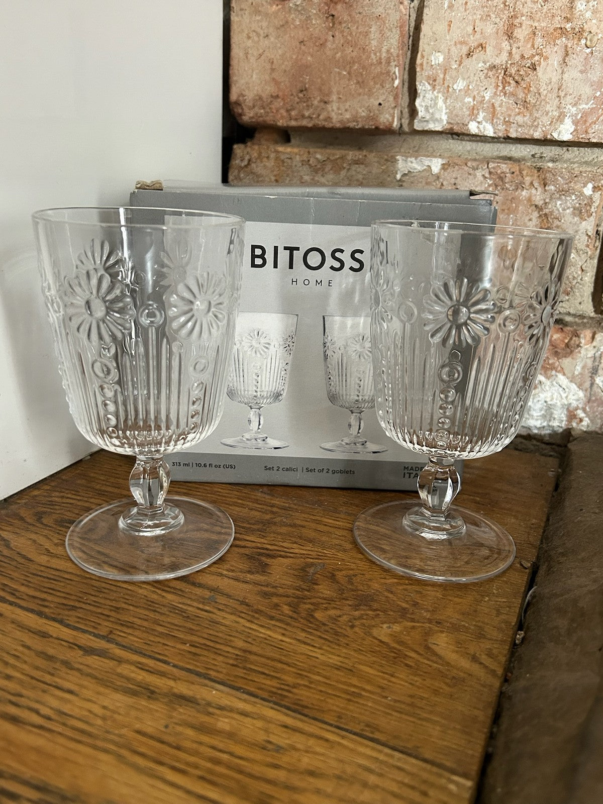 Bitossi Home Pair Embossed Glass Goblets Wine Water Glasses Boxed Made in Italy1