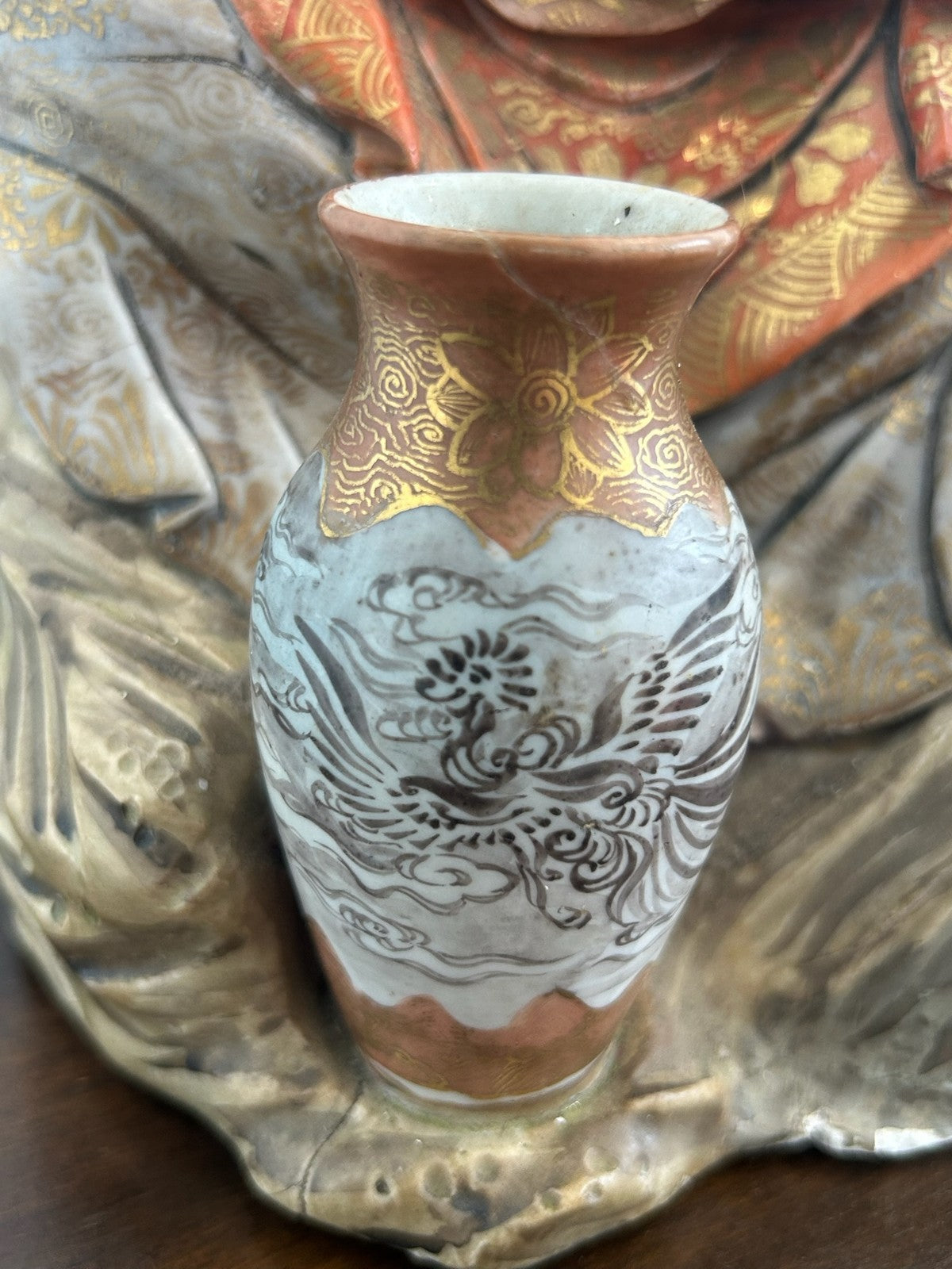 Antique Japanese Meiji Polychrome Pottery Figure of a Luohan / Monk & Vase6