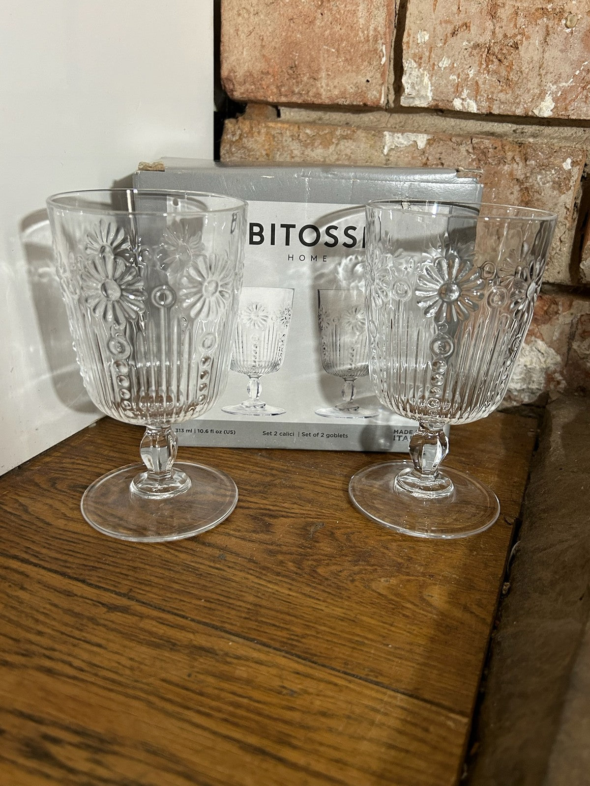 Bitossi Home Pair Embossed Glass Goblets Wine Water Glasses Boxed Made in Italy0