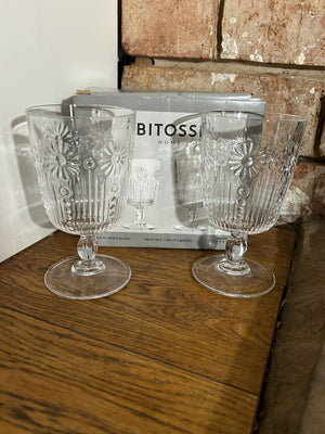 Bitossi Home Pair Embossed Glass Goblets Wine Water Glasses Boxed Made in Italy
