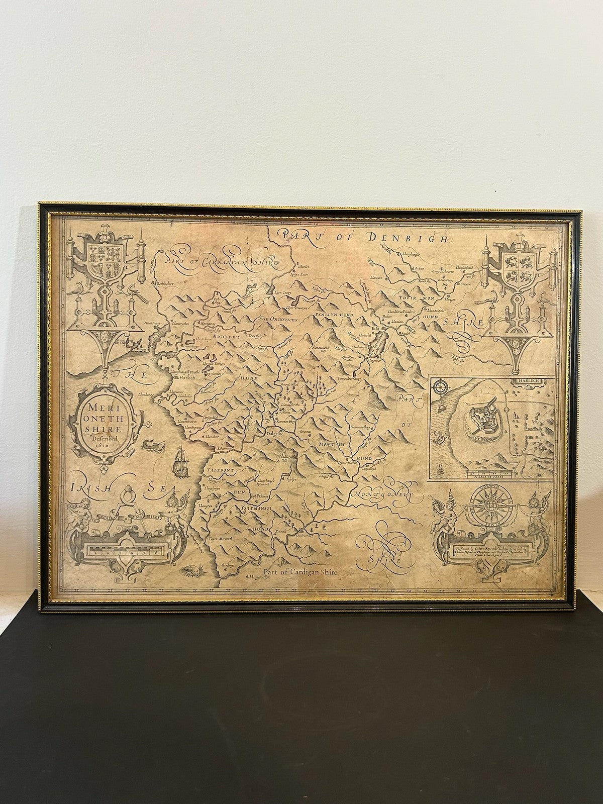 John Speed Merionethshire Antique Map 1676 Bassett & Chiswell Edition Framed0
