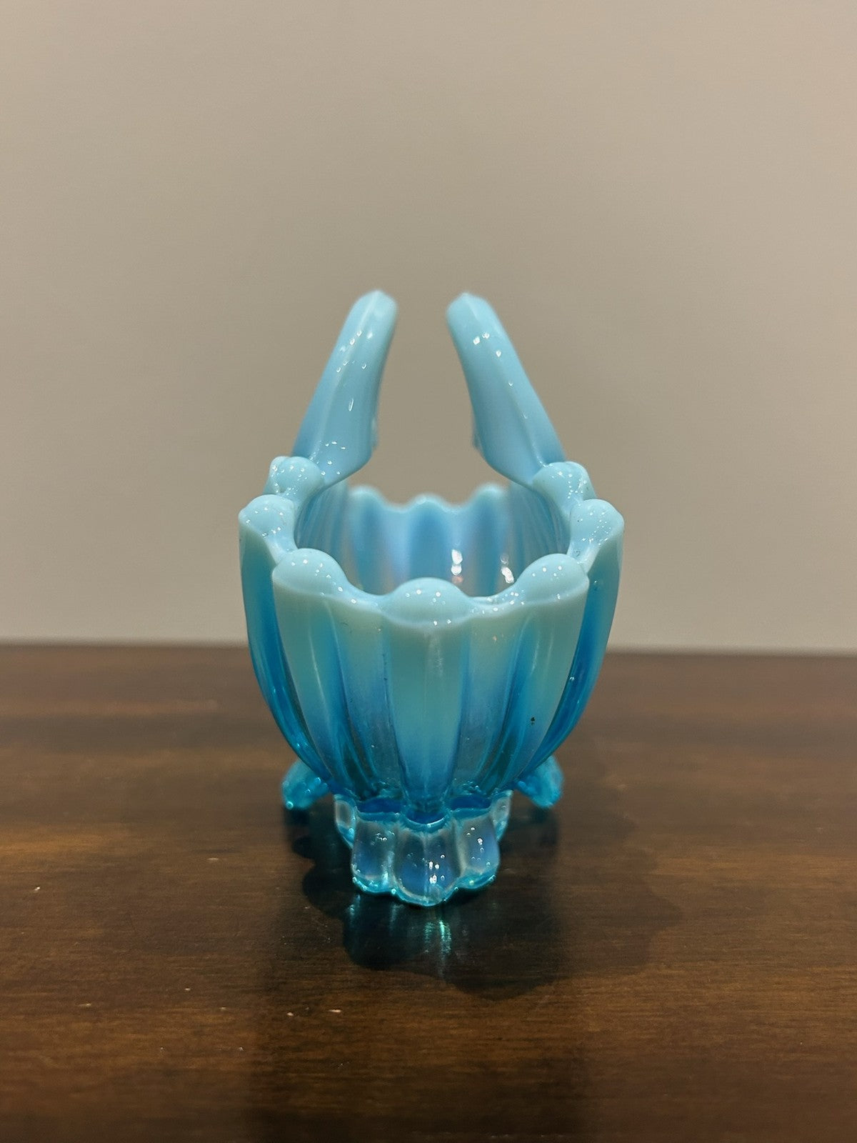 Pair Victorian Blue Pearline Opalescent Glass Basket Vases8
