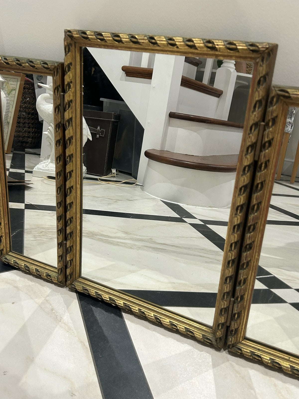 Antique Three Piece Dressing Table Mirror Gold Frame Vintage Vanity 49x70cm3