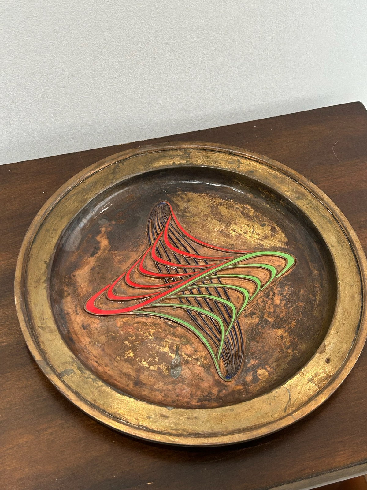French Art Deco Dinanderie Copper Brass Tray Enamel Fan Motif c.1925401