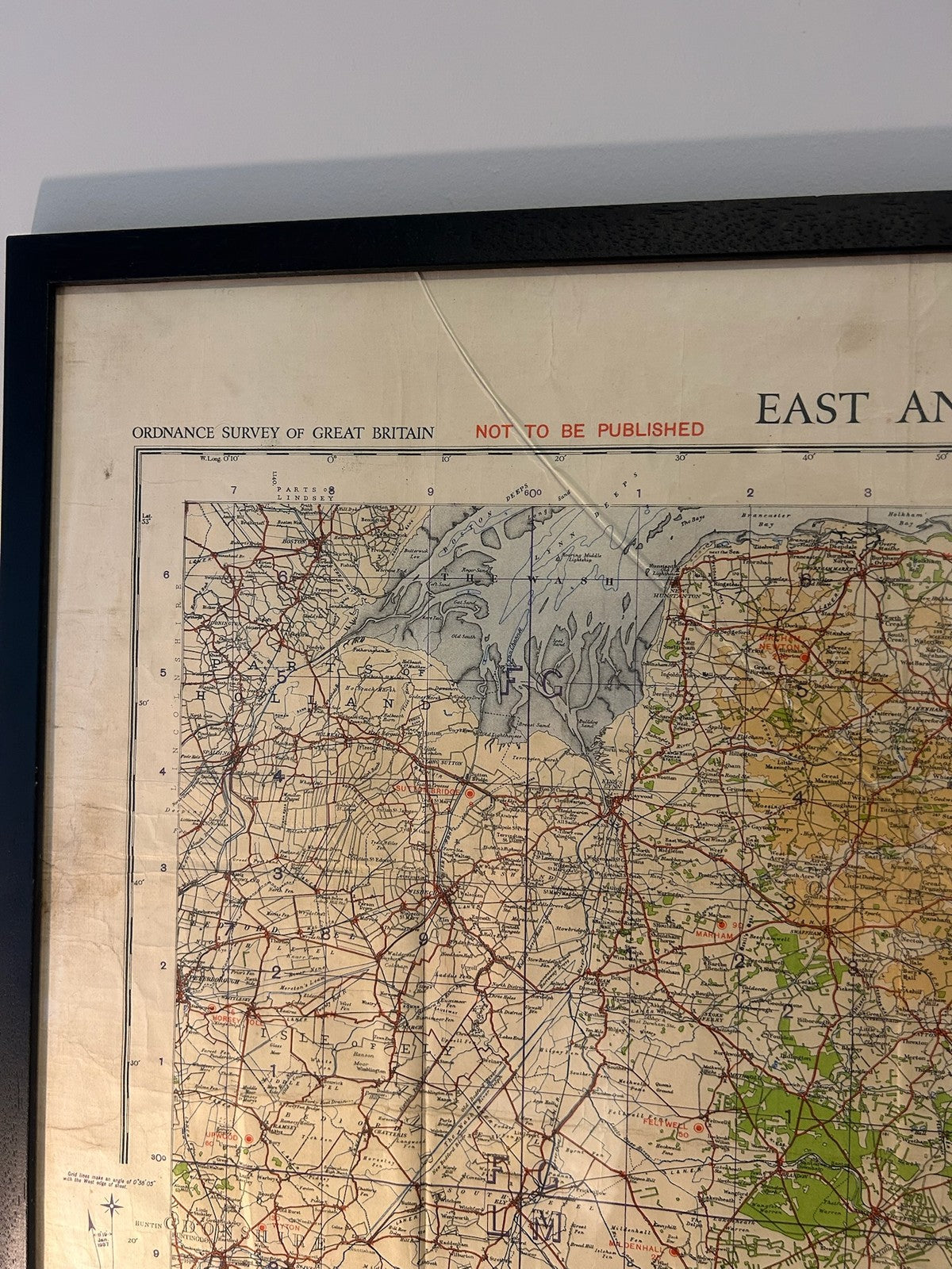 Vintage Quarter Inch Map East Anglia 1:253,440 Grid Reference Panel Framed2