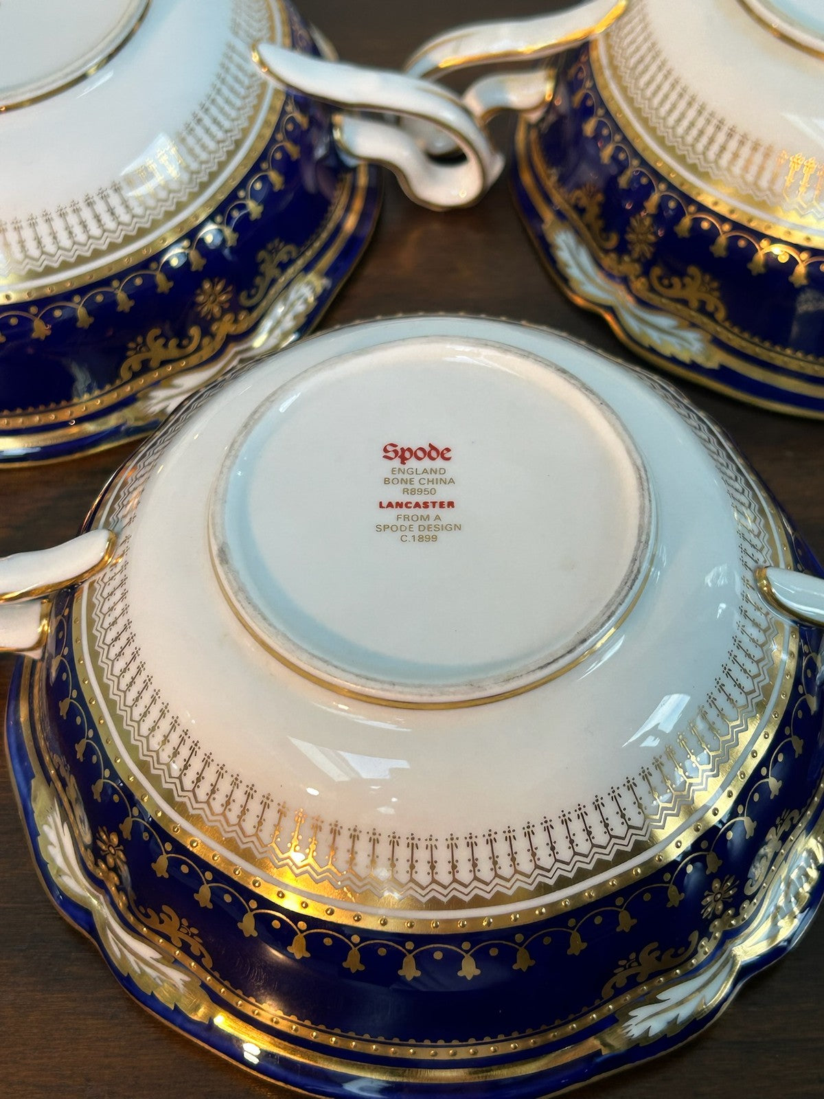 Spode Lancaster R8950 Cobalt Blue Gilt Bone China Cream Soup Bowls Set of Three5