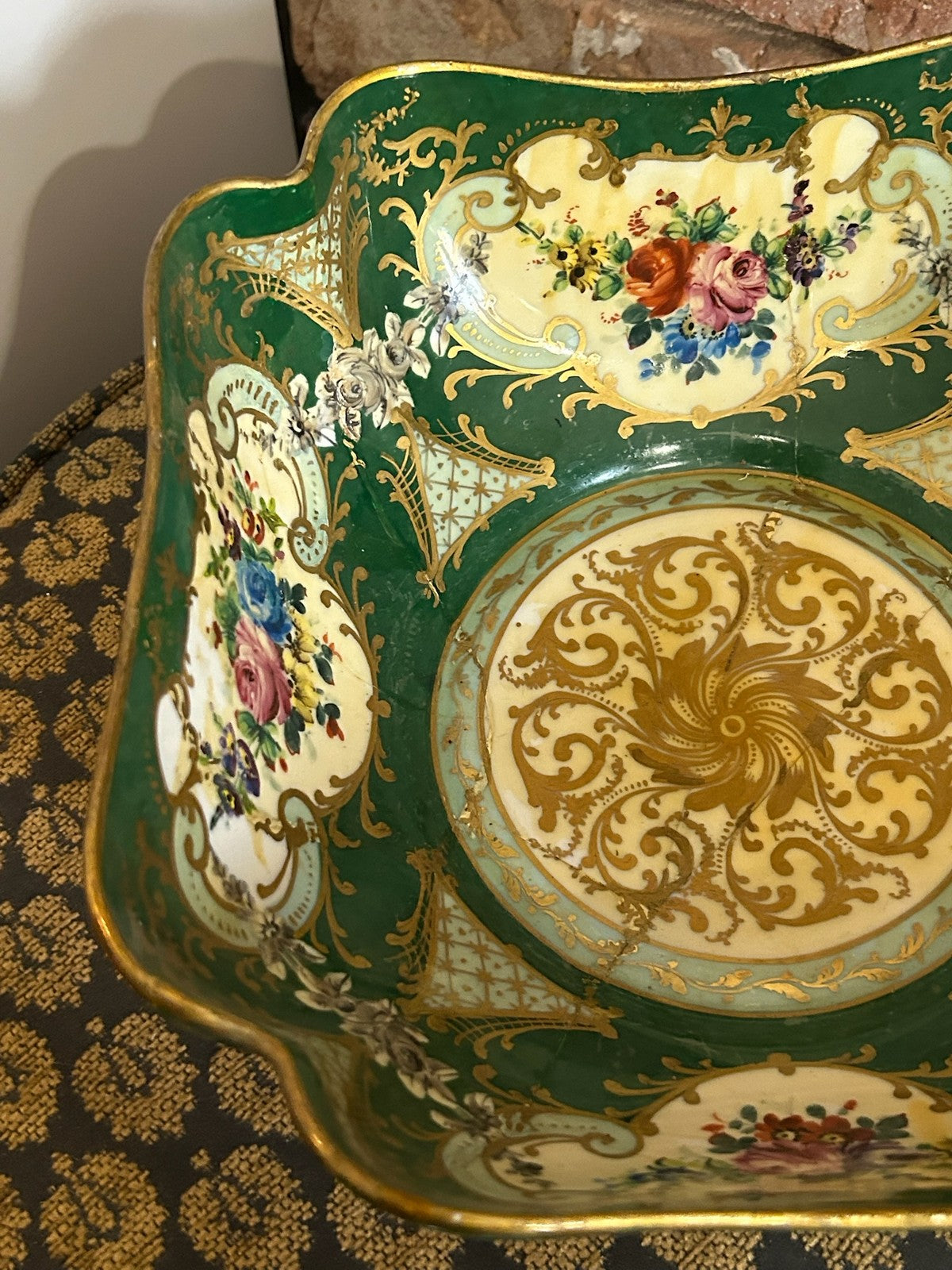 Le Tallec Paris Hand Painted Porcelain Square Dish Green Gilt Floral Border5