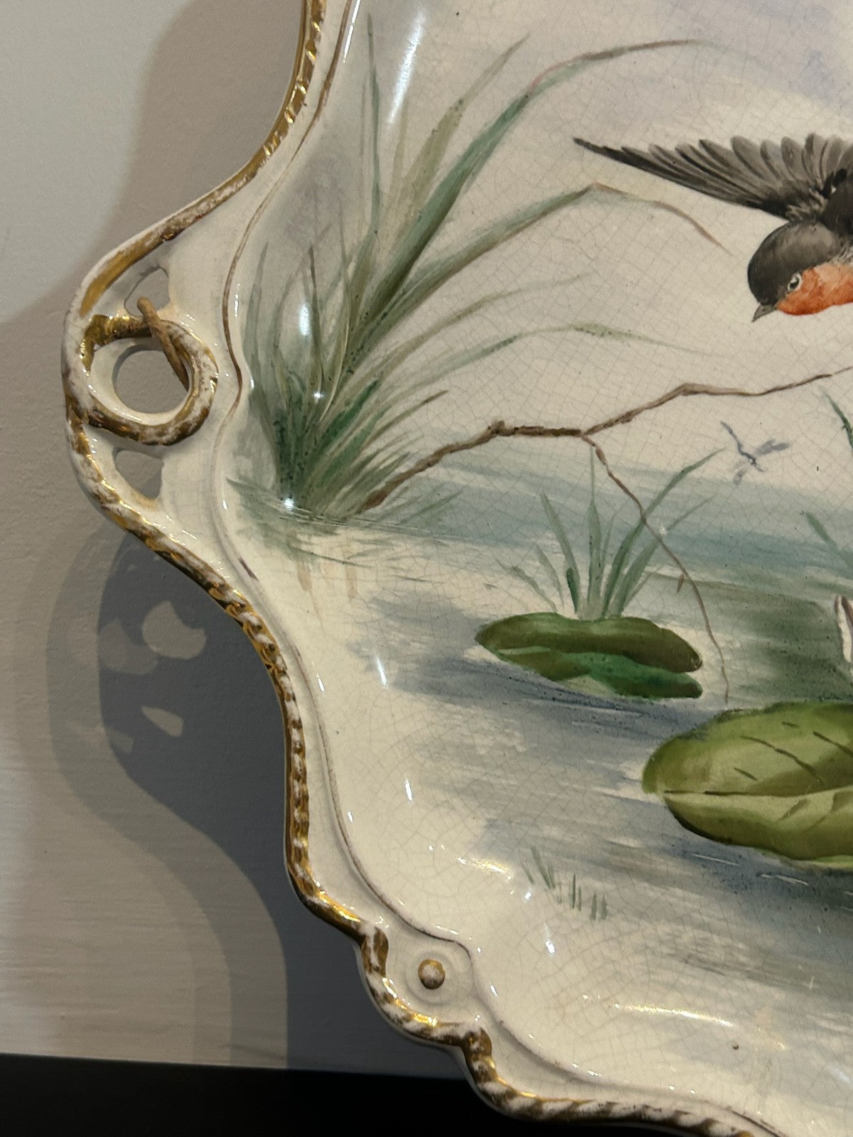 Antique Hand Painted Porcelain Dish Swallows Water Lilies Signed Baker 34cm1