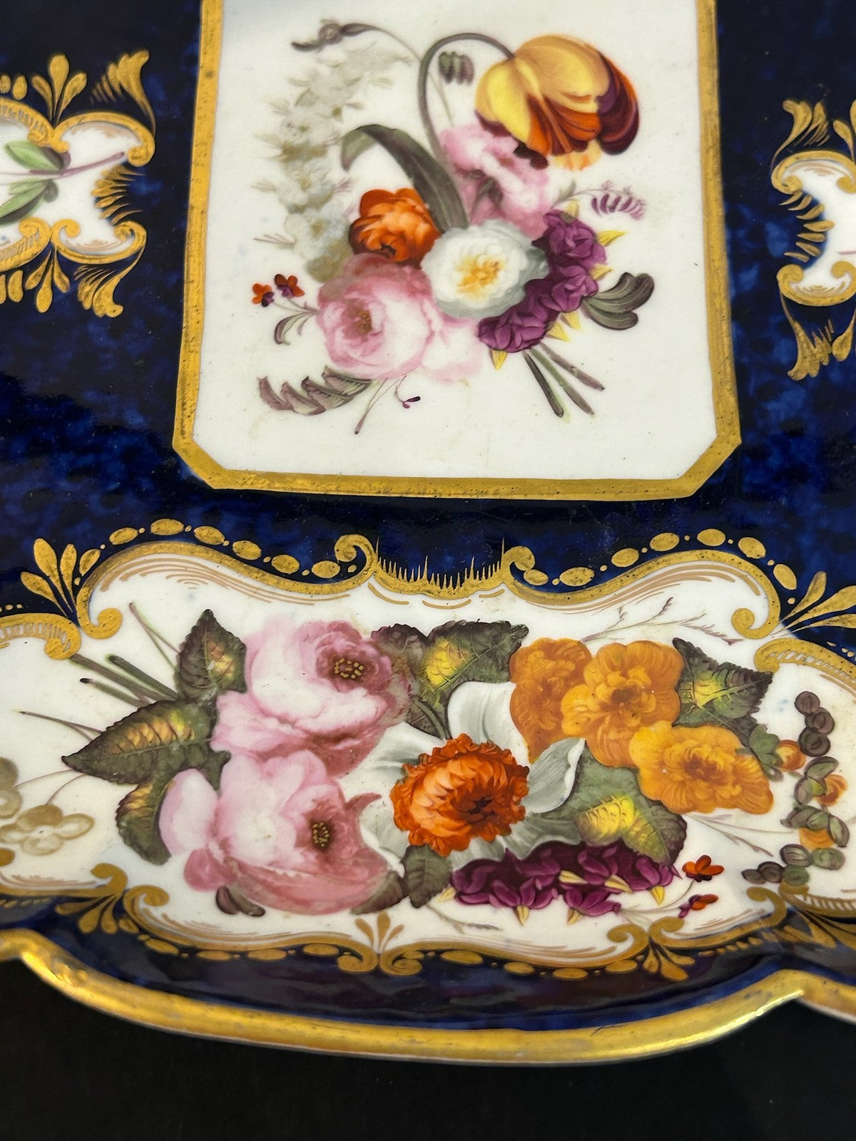 Antique English Porcelain Basket Cobalt Gilt Painted Flowers Handle A/F5