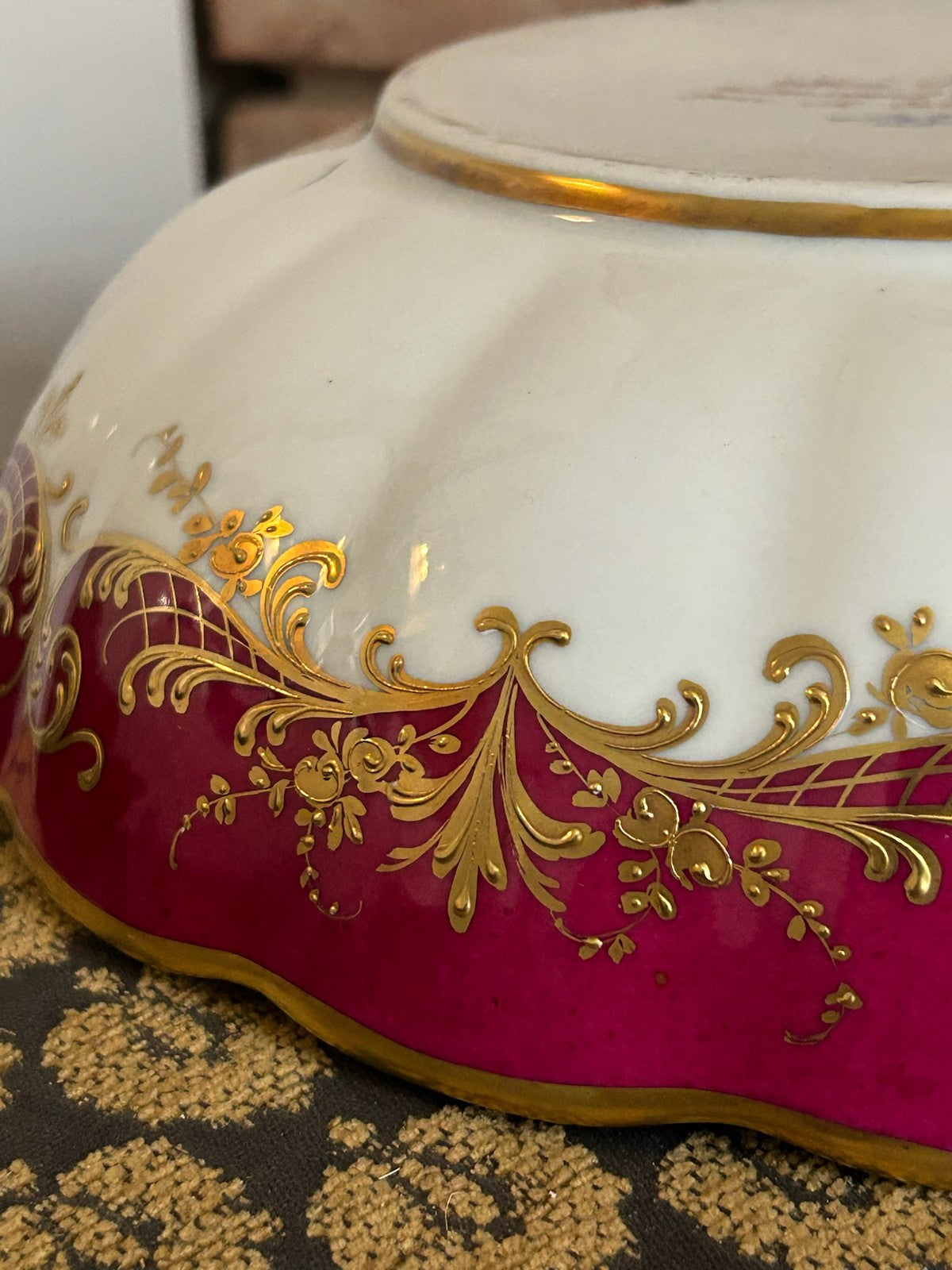 Le Tallec Paris Hand Painted Porcelain Bowl Crimson Gilt Floral Scalloped Rim14