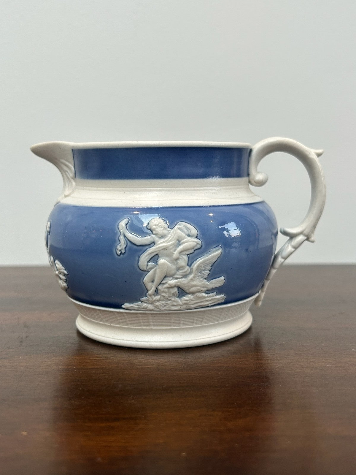 Antique Blue Feldspathic Stoneware Jug White Classical Sprig Relief c1820 Turner0