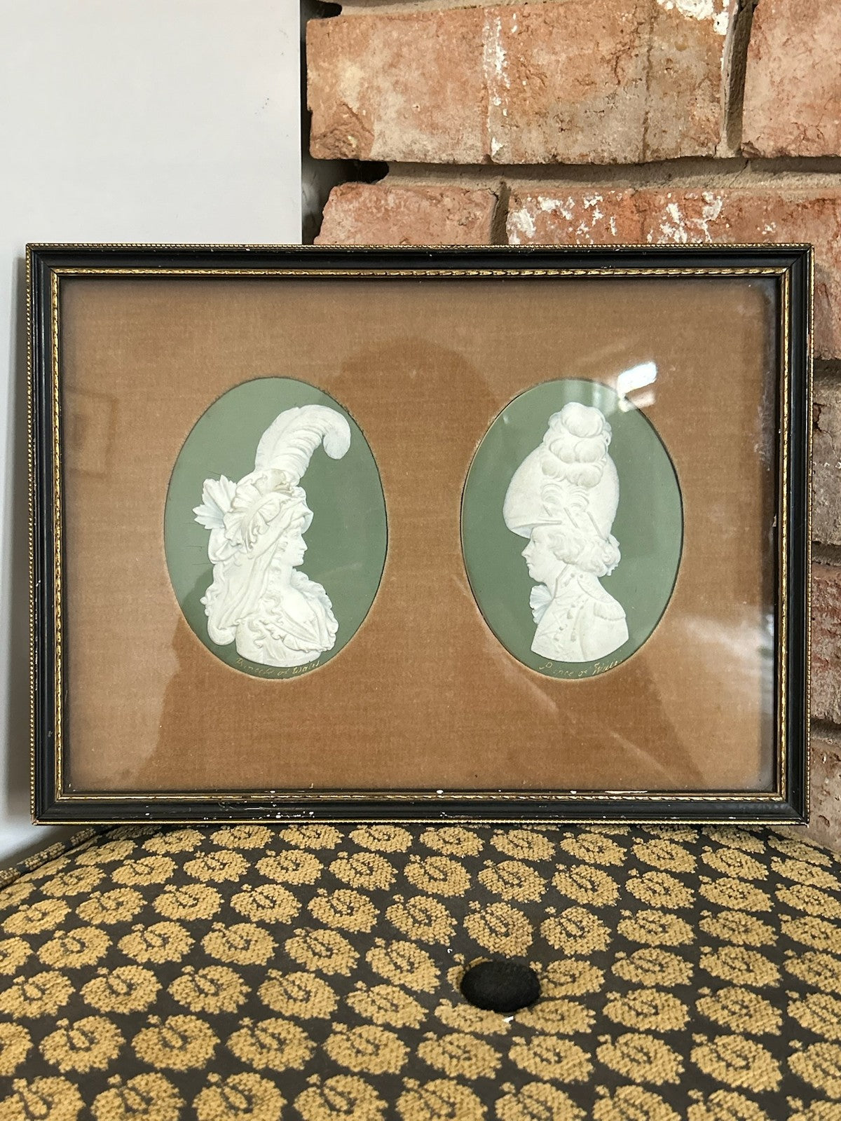 Pair Framed 18th Century Wedgwood Green Jasper Medallions Prince Princess Wales0